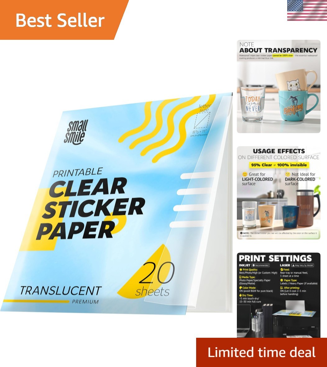 95% Clear Sticker Paper for Inkjet Printer and Laser – 20 Sheets, 8.5×11 Tran…