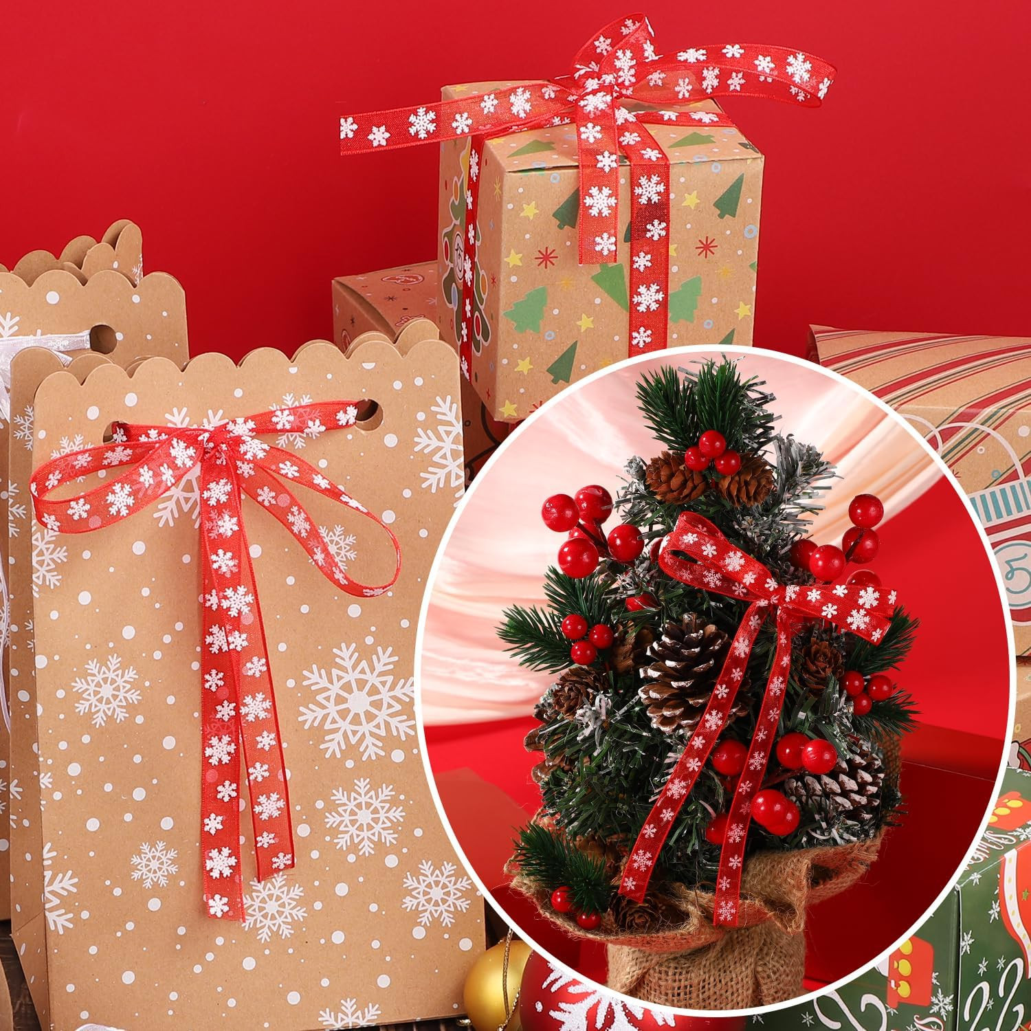 Snowflake Ribbon, Polyester Fibre Thin Christmas Ribbon Red White Snow Christmas