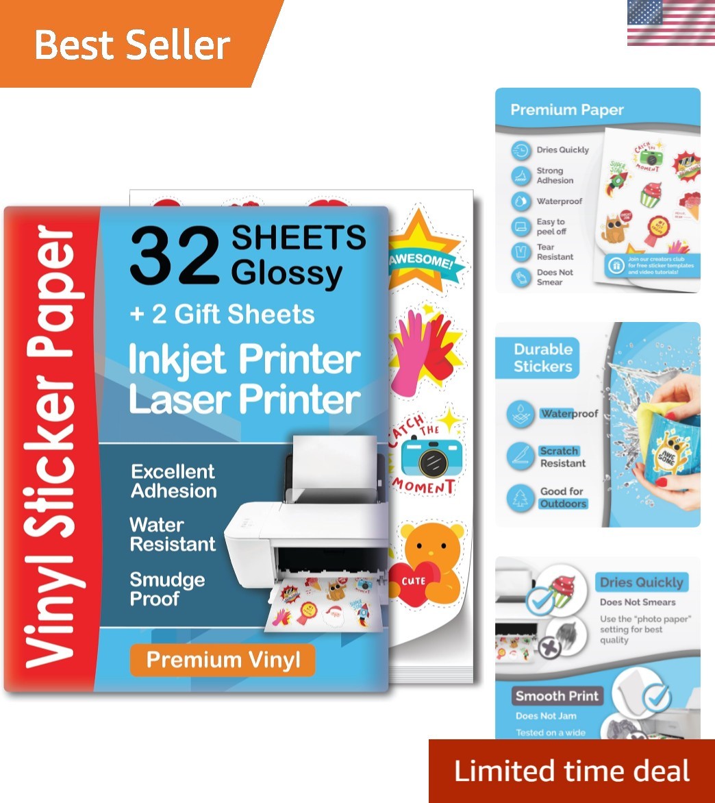Printable Vinyl Sticker Paper for Inkjet & Laser Printer – 32 Sheets Self-Adh…
