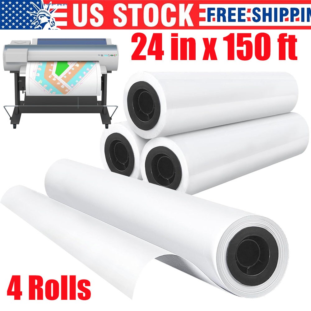 Wide Format Paper Plotter Paper 4 Rolls 24 in x 150 ft CAD Bond Rolls 2″Core