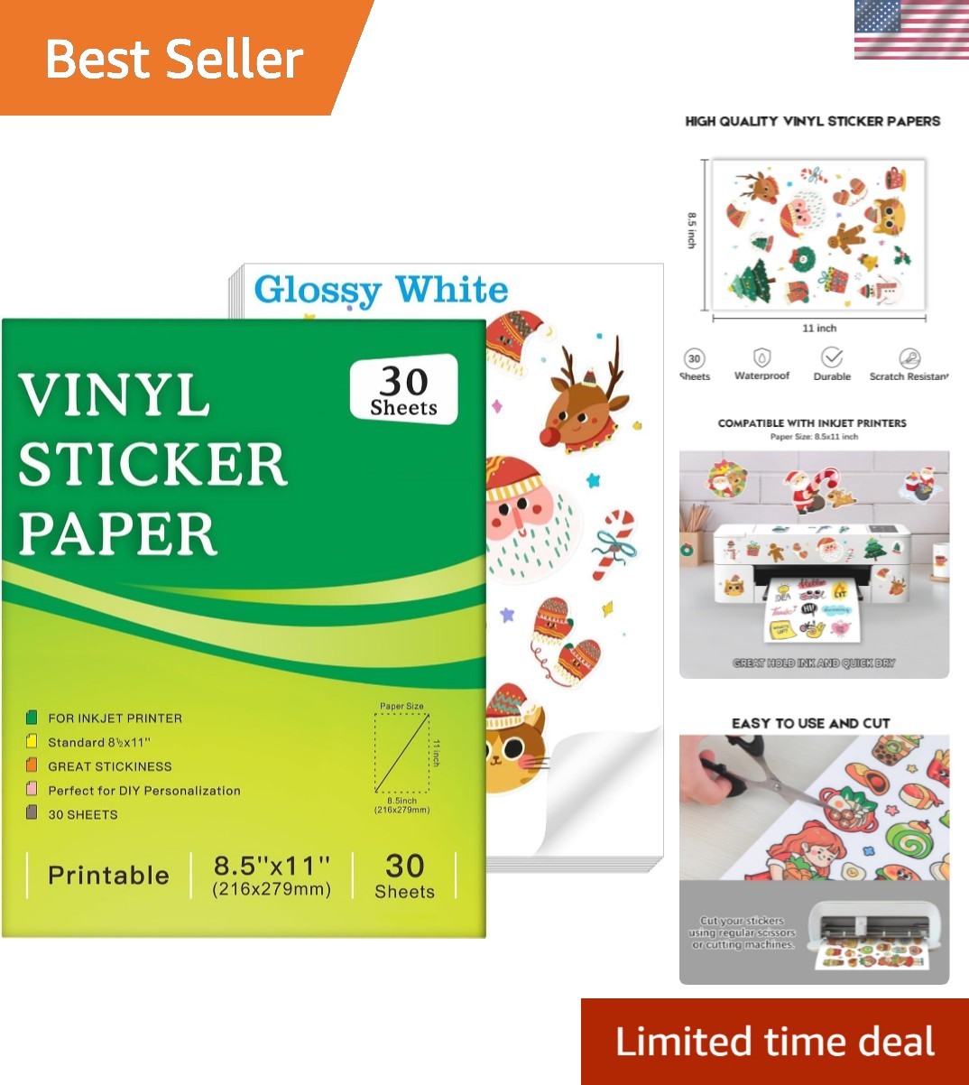 30 Sheets Printable Vinyl Sticker Paper for Inkjet Printer, Glossy White Wat…