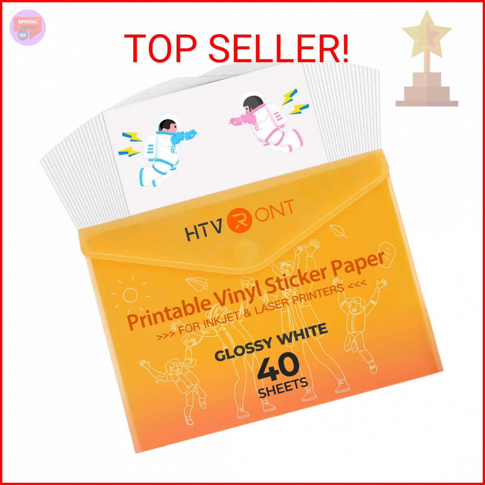 HTVRONT Printable Vinyl for Inkjet Printer & Laser Printer – 40 Pcs Glossy White