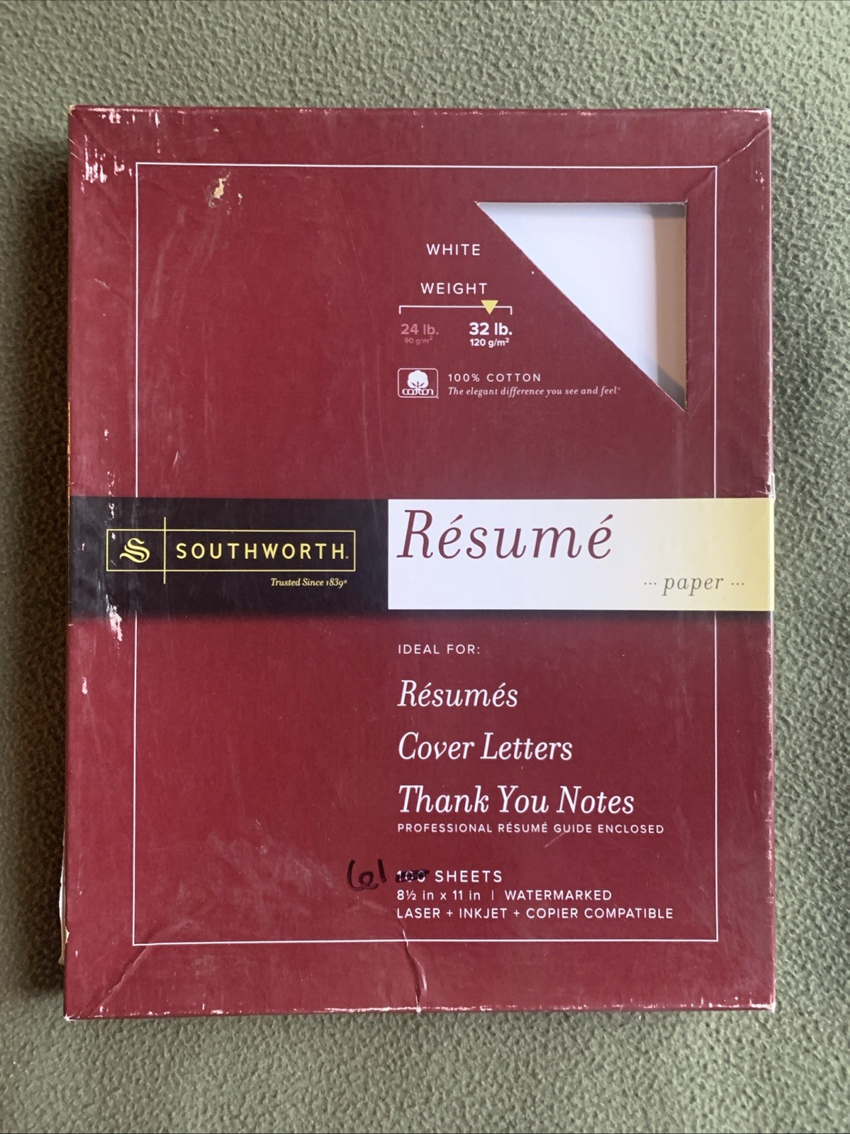 Southworth Resume Paper. White. 8 1/3@ X 11”. Open Box 61 Sheets. Watermarked