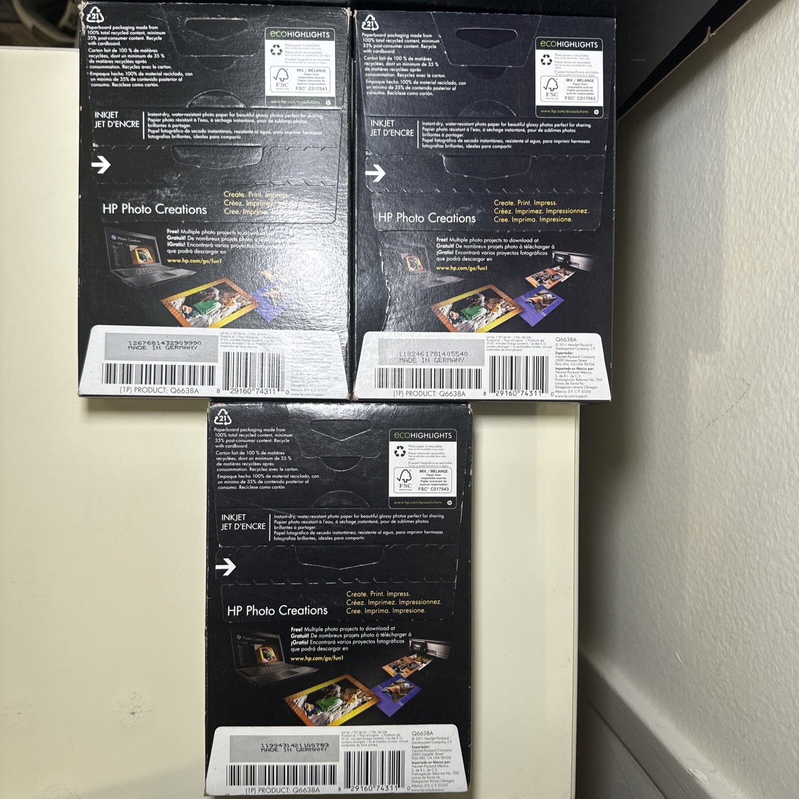 Lot Of Three (3) NEW NIB HP Advanced Glossy Inkjet Photo Paper 4×6” Q6638A
