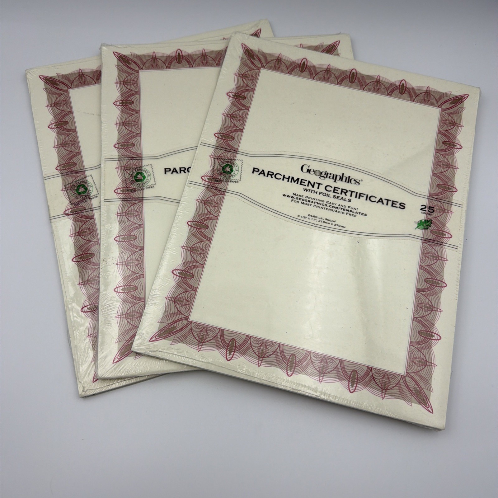 Geographics Parchment Certificates with Foil Seals 8-1/2″ x 11″ red border LOT 3