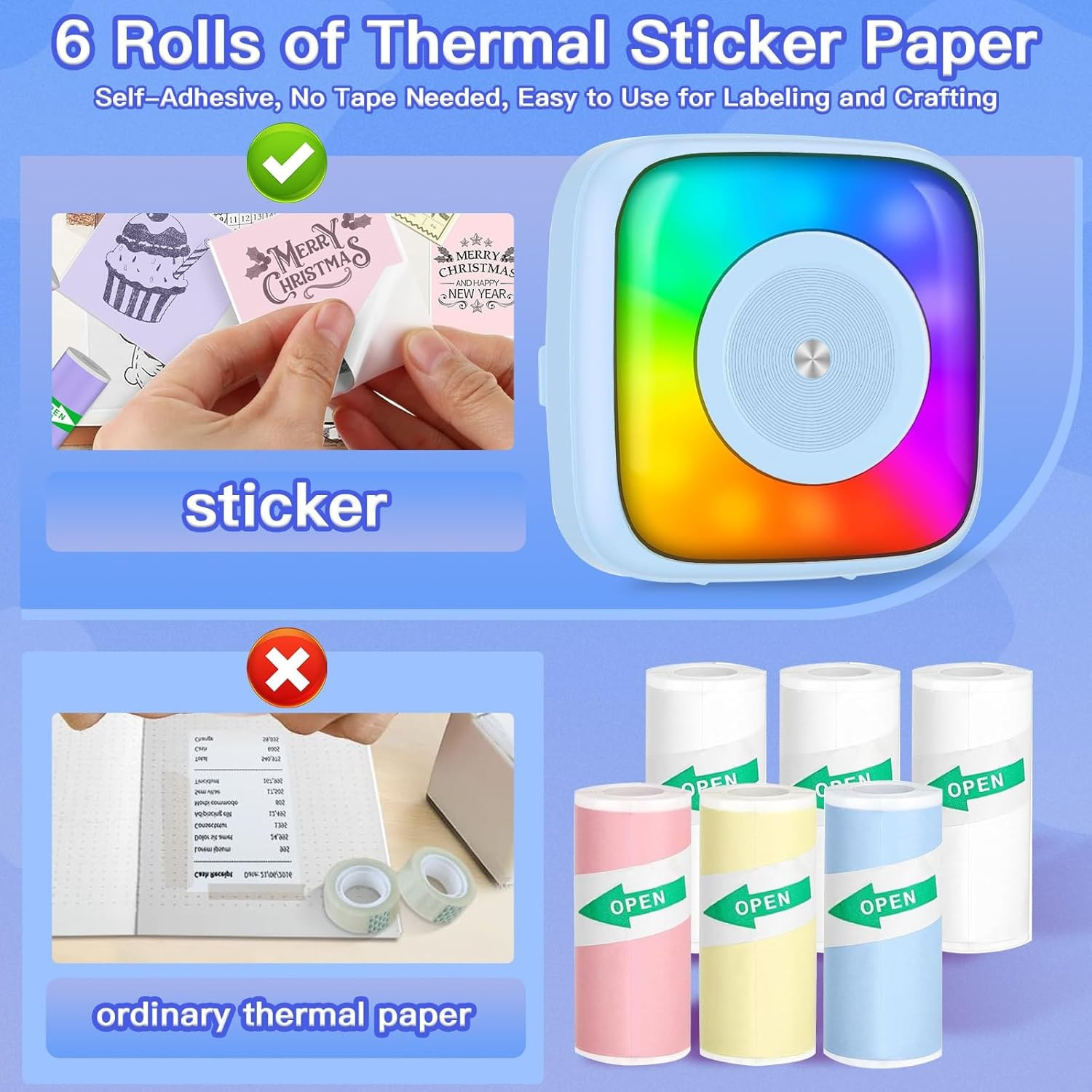 Lebt Sticker Printer Print Pod with 6 Rolls Sticker Paper, Seven Color Lighting