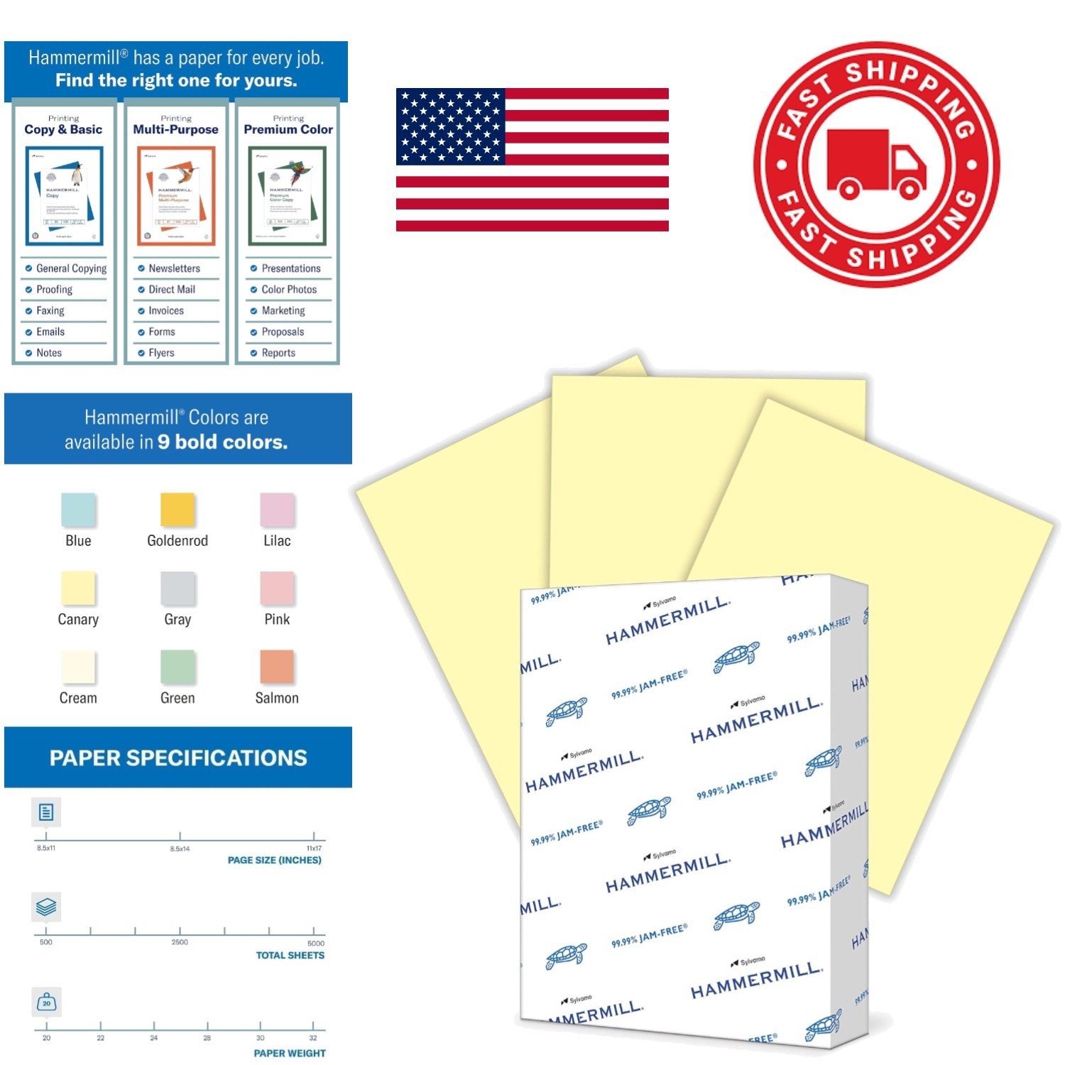 Dependable 20lb Colored Paper 8.5 x 11 Canary 500 Sheets For All Printers