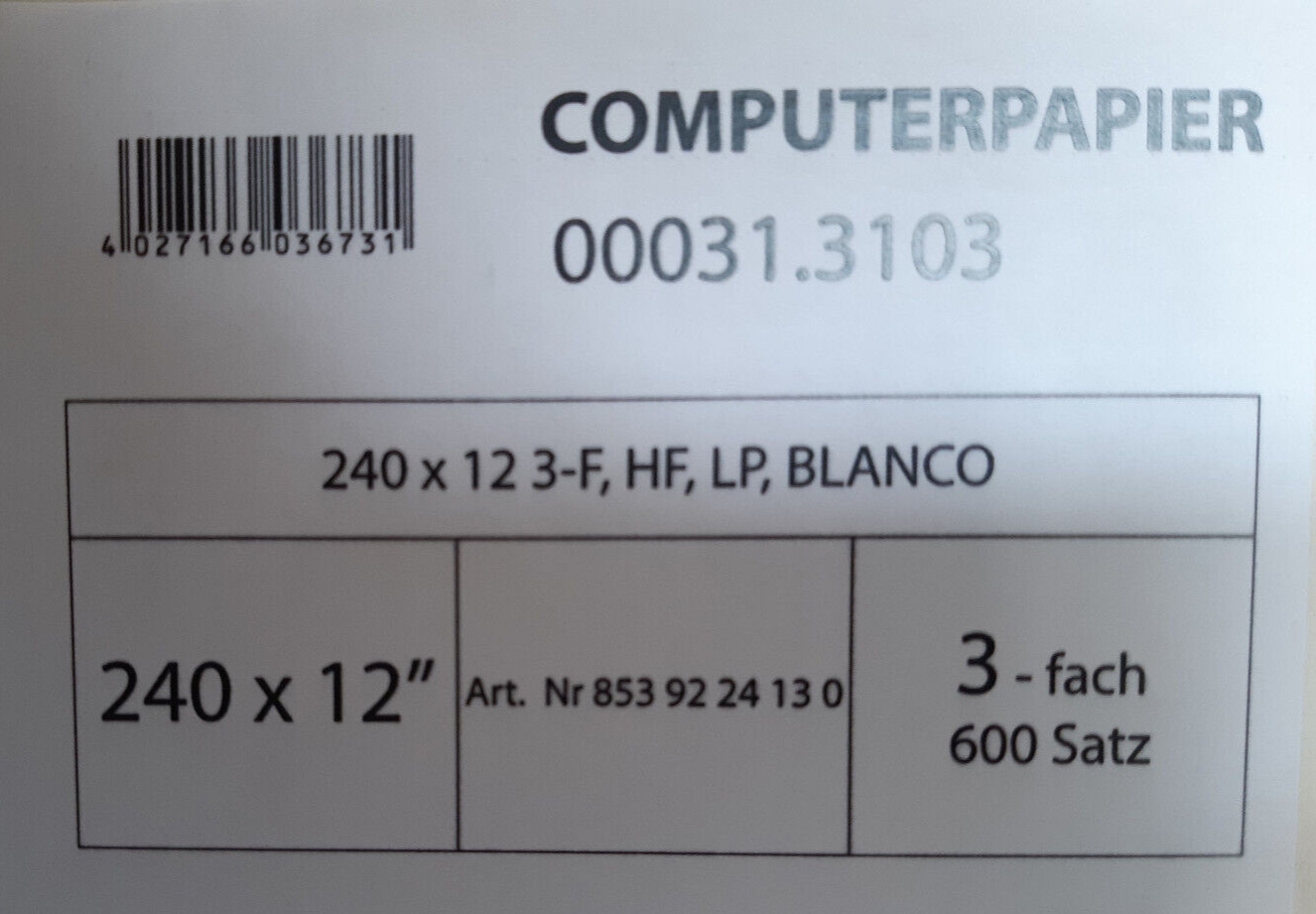 Continuous Paper / Computer Paper 240mm x 12″ / Triple / Blank (White) / 600 Set