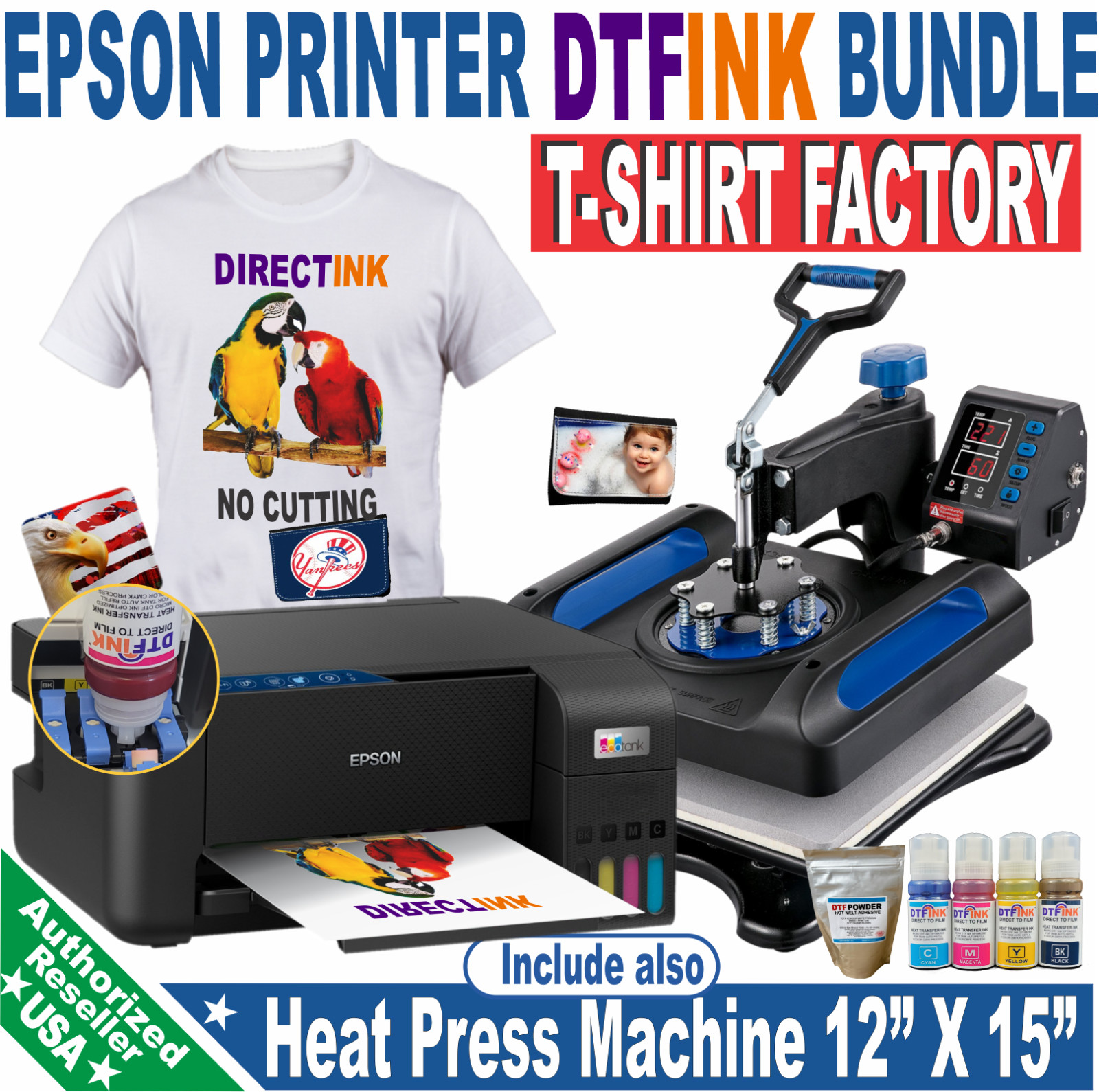 Epson Printer with DTF ink-Film Heat plus Press 12×15 T-Shirt Maker Kit Bundle