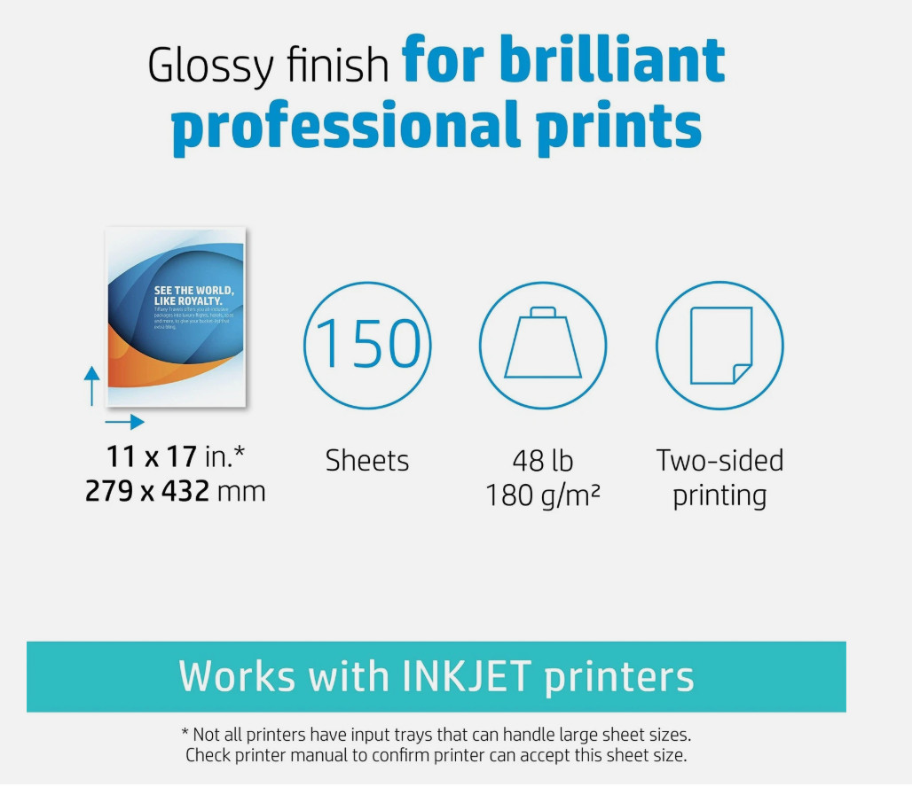 HP Inkjet Print Brochure Paper Ledger/Tabloid 11″ x 17″ Glossy White CG932A(6D)