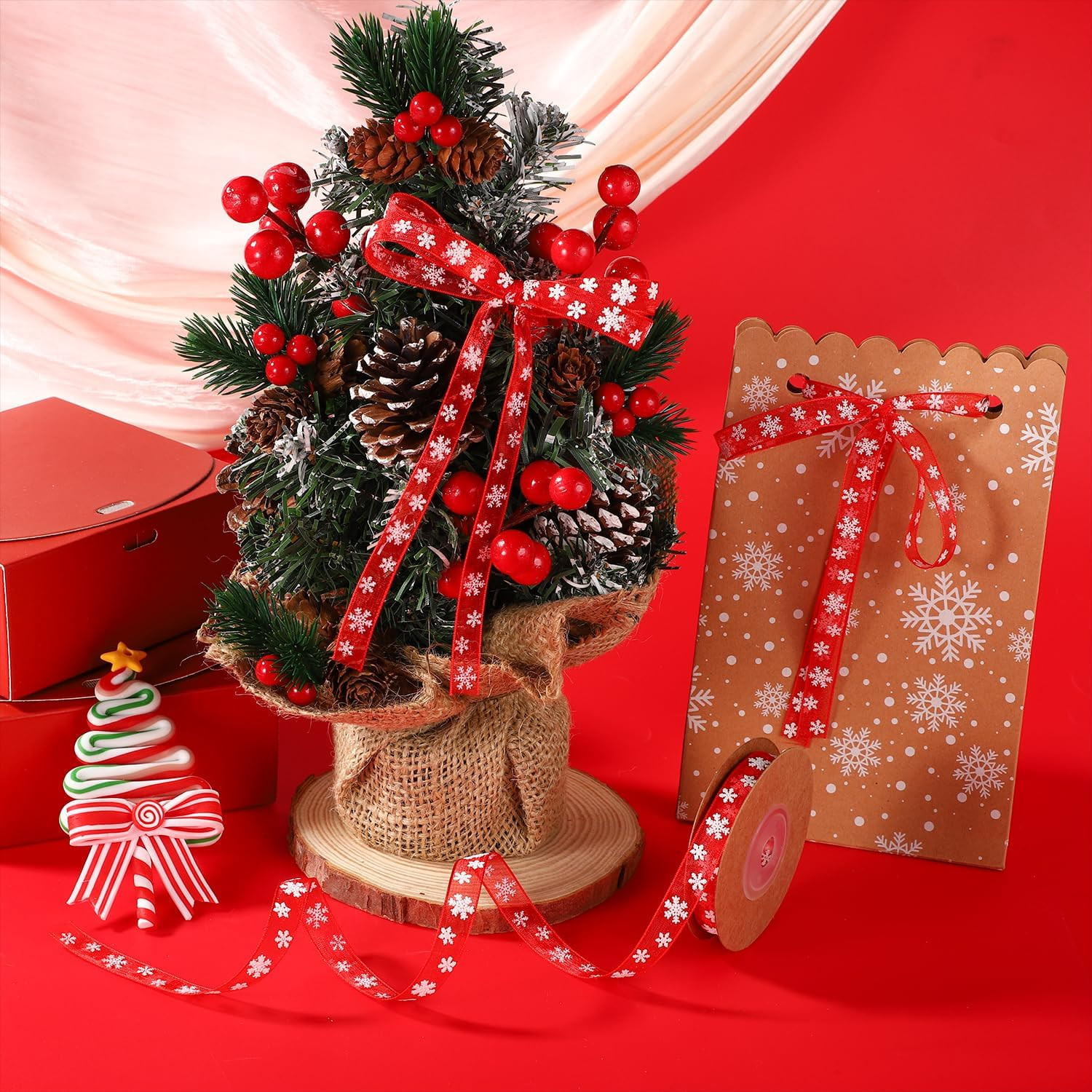 Snowflake Ribbon, Polyester Fibre Thin Christmas Ribbon Red White Snow Christmas