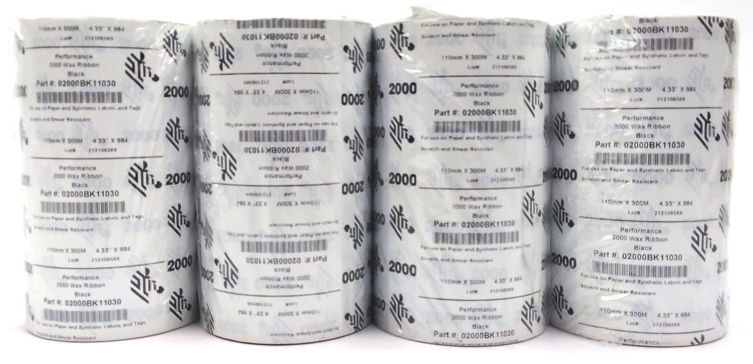 Zebra 4.33″ x 984′ Performance 2000 Wax Ribbons 02000BK11030 Genuine – 22 Rolls