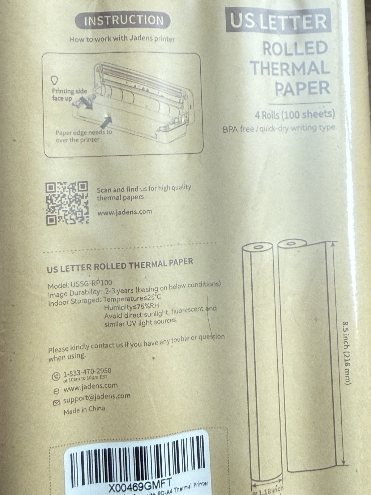 JADENS US Letter Size Quick-Dry Thermal Printer Paper 4 Rolls, Quick-dry