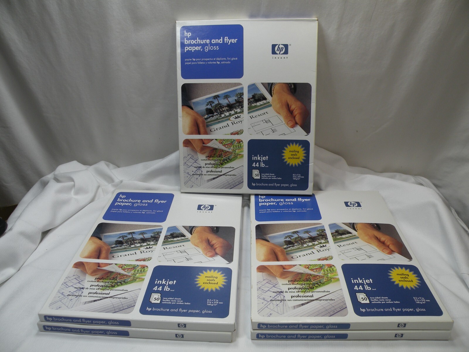 Five HP C6817A, Brochure Flyer Paper 8.5″ x 11″, 44 lb Glossy, 50 sheets Inkjet