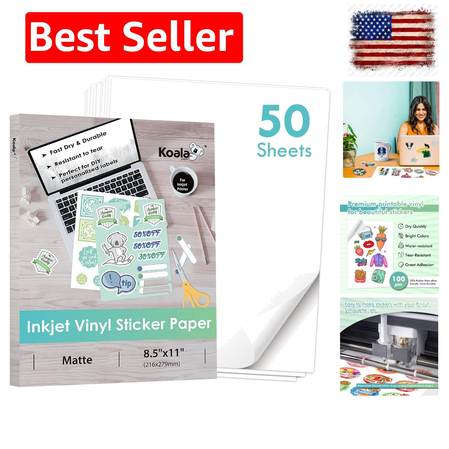 Koala Printable Vinyl Sticker Paper for Inkjet Printer – 50 Sheets Matte Whit…