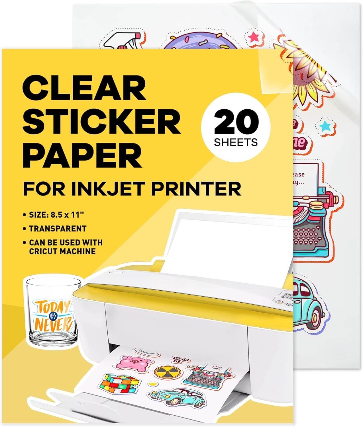 Clear Sticker Paper for Inkjet Printer 20 Sheets Glossy Vinyl 8.5×11