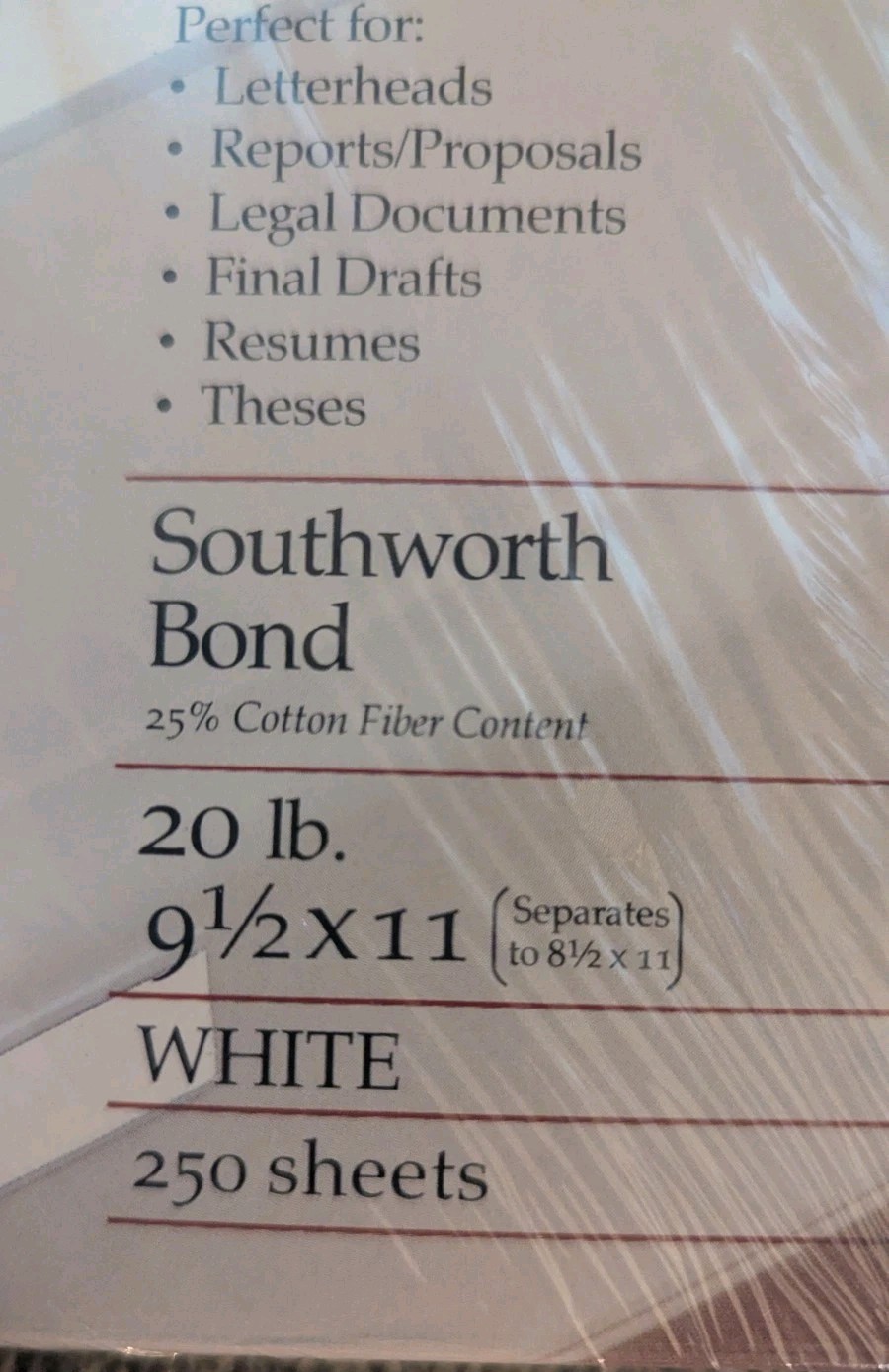 Southworth Watermarked 25% Cotton Printer Paper 20 lb 9.5 x 11 White