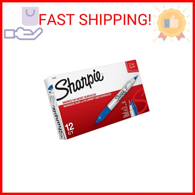 Sharpie Twin Tip Permanent Markers, Fine and Ultra Fine, Blue, 12 Count