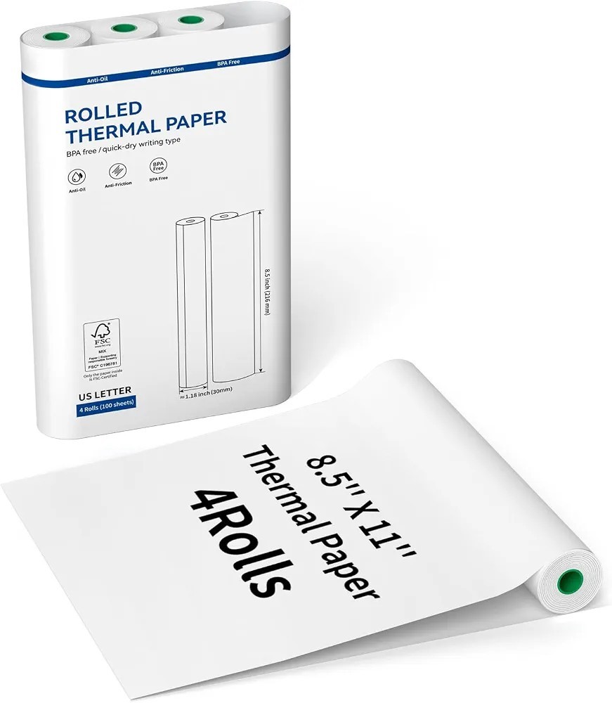 Thermal Printer Paper 8.5”x11” US Letter Size, 4 rolls, 100 sheets, Thermal…