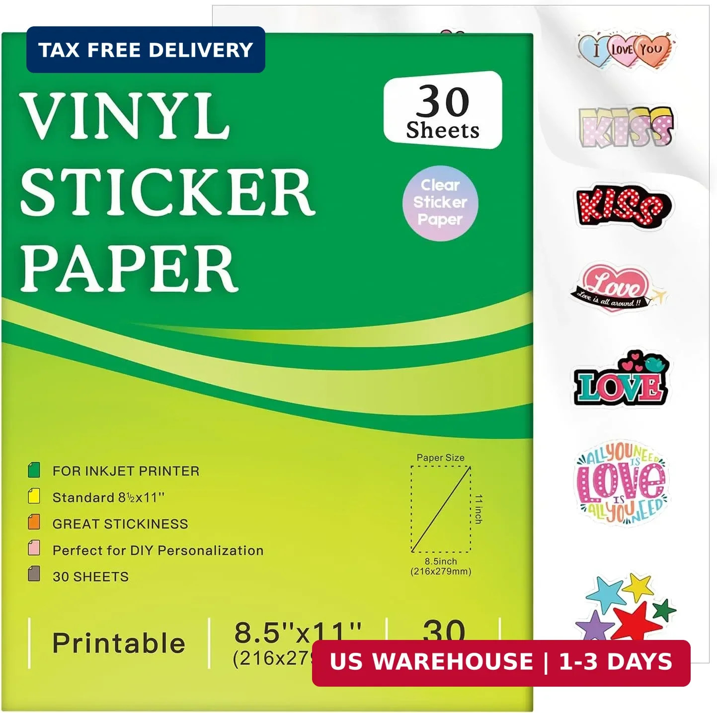 30 Sheets Printable Clear Sticker Paper for Inkjet Printer, Premium Vinyl