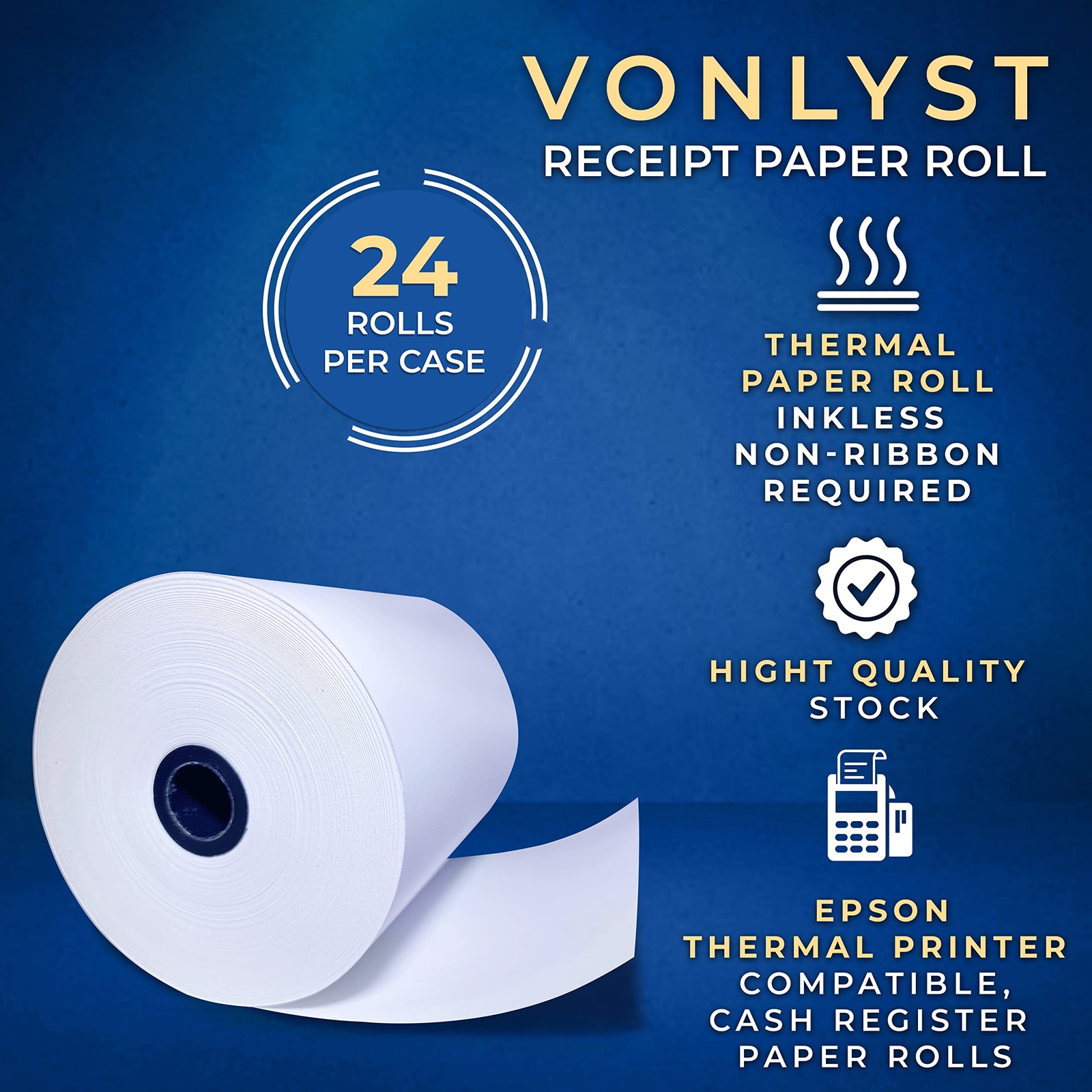 Vonlyst 3 1/8 x 230 Thermal Paper 24 rolls, White Black Image