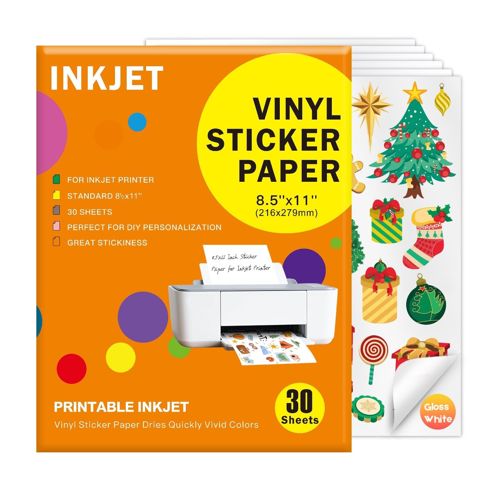 Printable Vinyl Sticker Paper 30 Sheets Glossy White Waterproof Inkjet 8.5×11