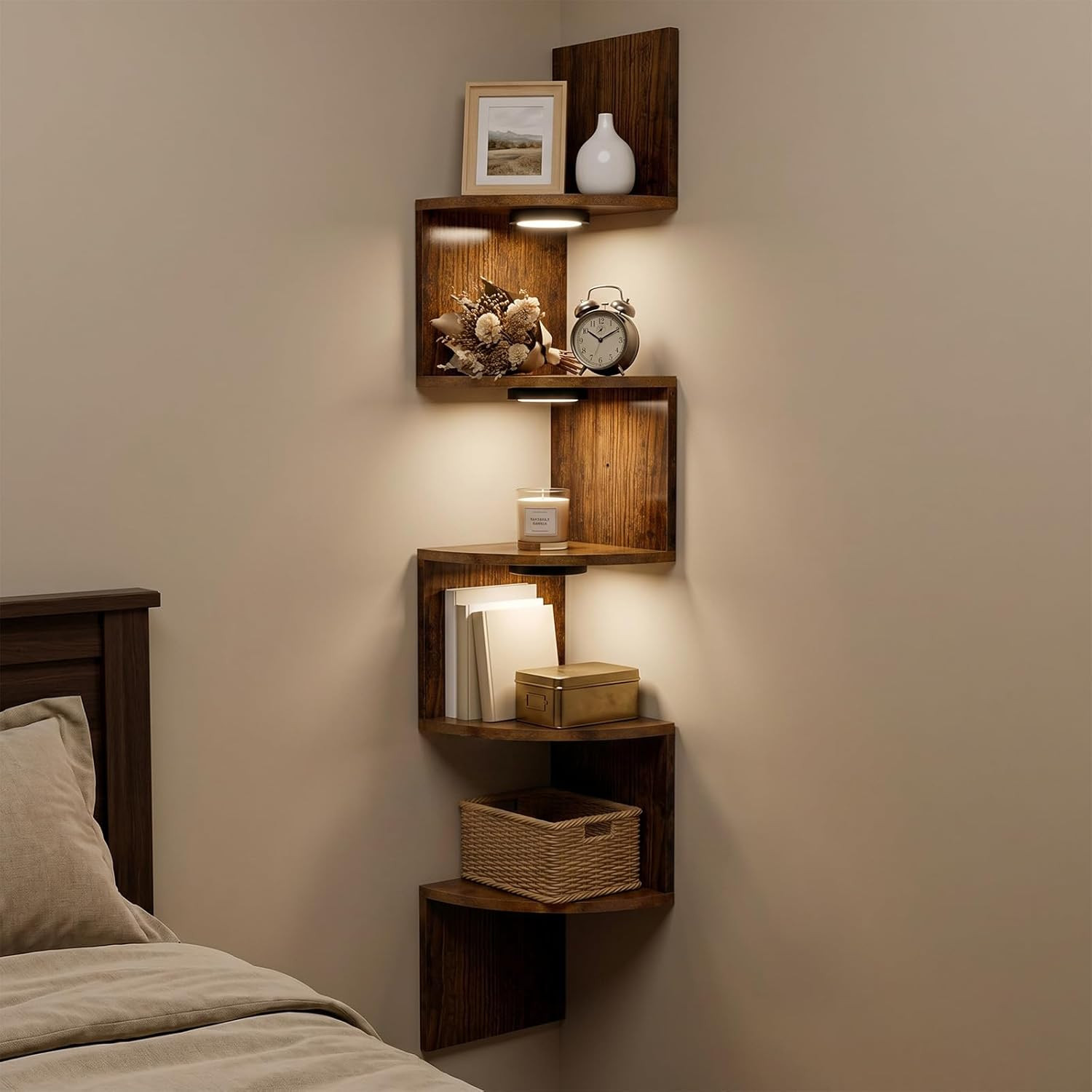 Corner Shelf Wall Mounted: 5-Tier Floating Shelves with Lights for Bedroom, Livi
