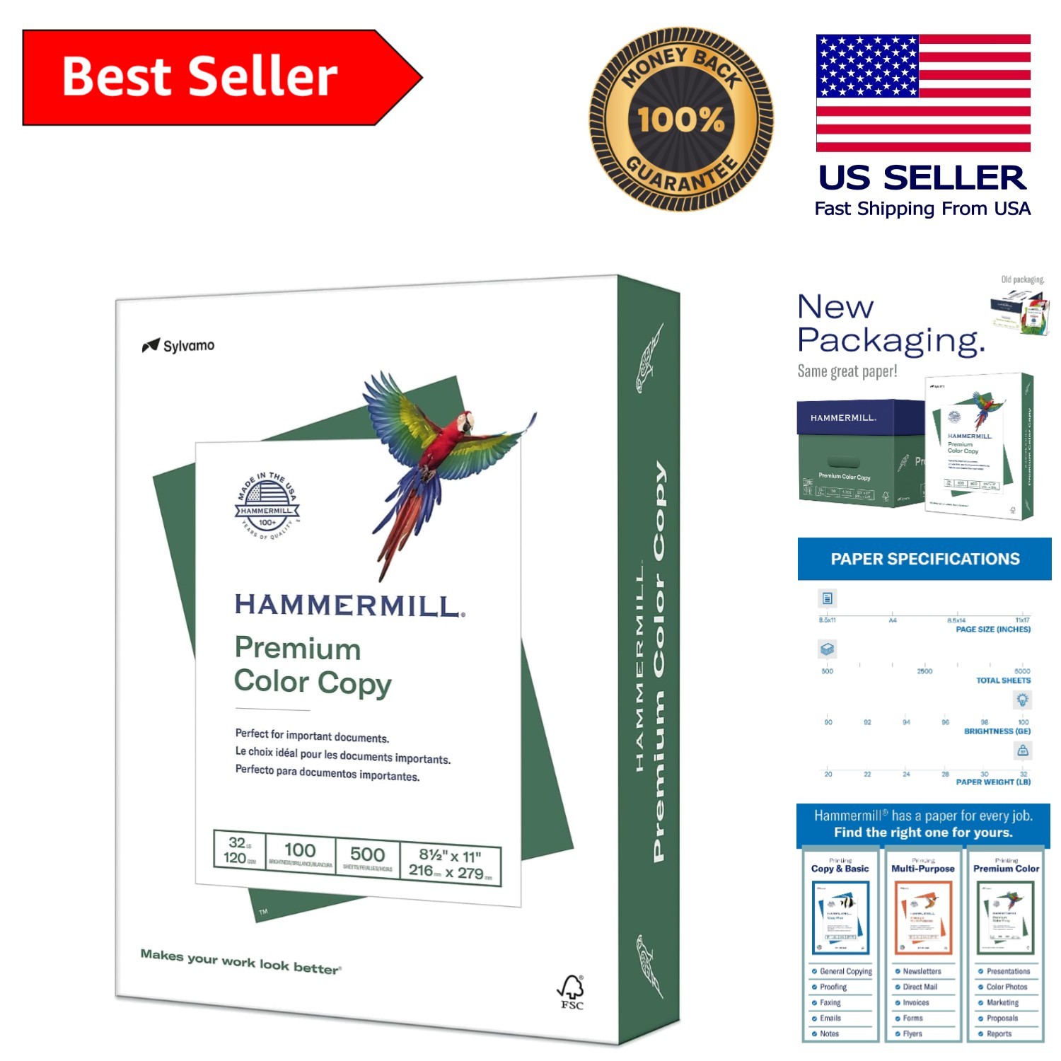 32 lb Glossy Printer Paper 8.5 x 11 – 500 Sheets, 100 Bright – USA Made