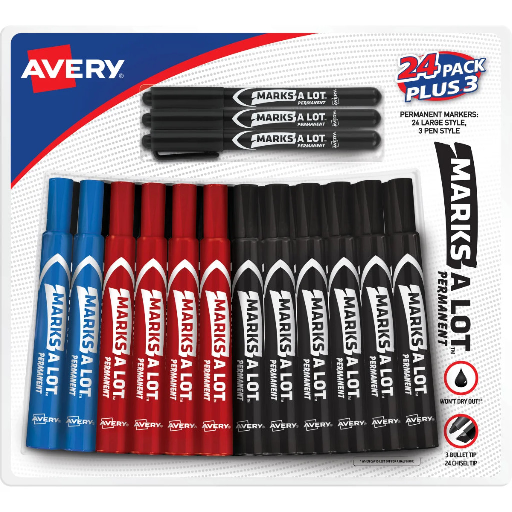 Avery Marks-A-Lot Permanent Markers, Chisel Tip, Assorted Colors, 27-count