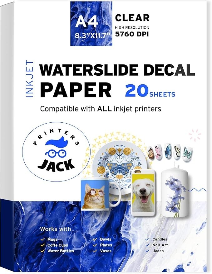 Water Slide Decal Paper 20 Sheets A4 Inkjet Clear Printable Transfer for