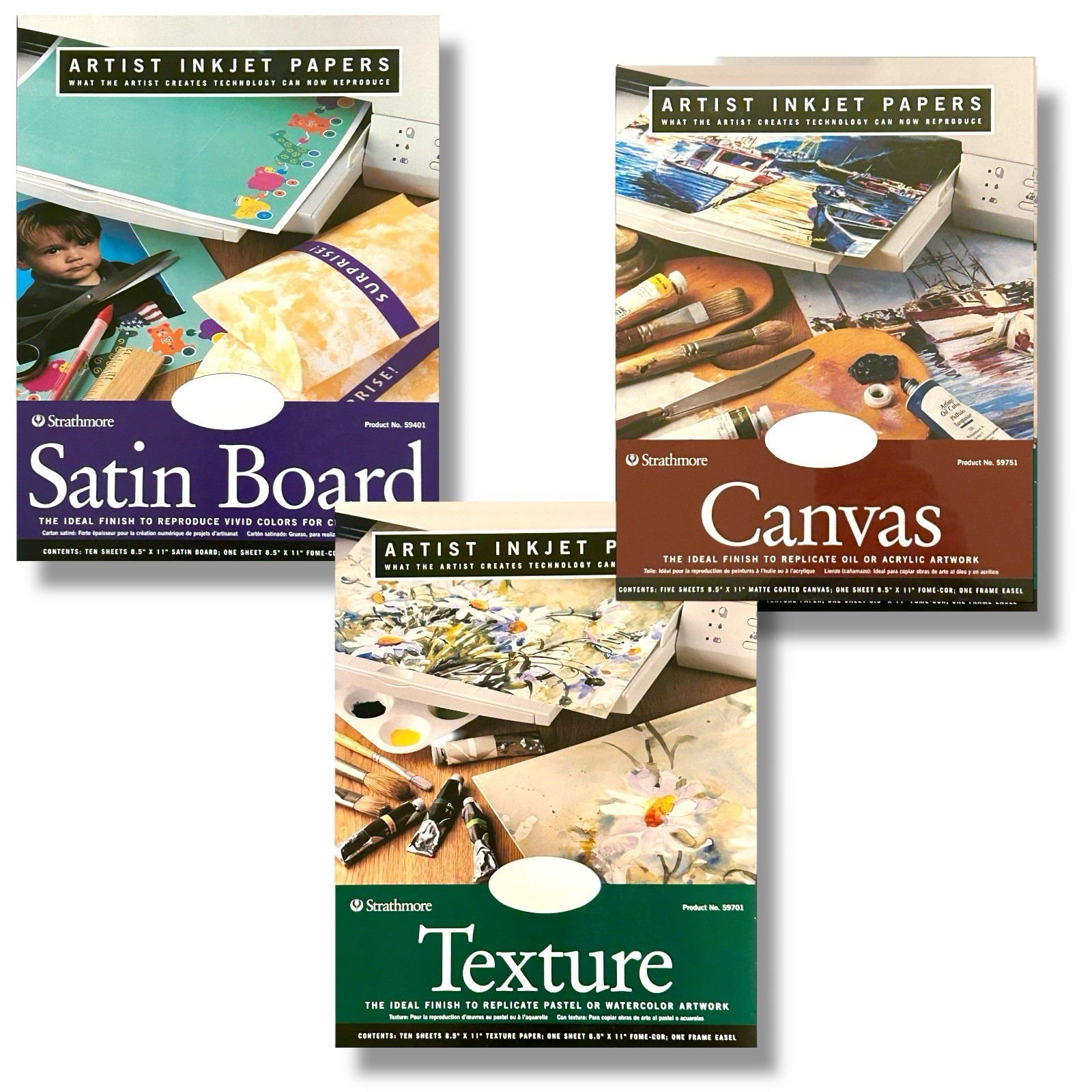 Lot of 3 Strathmore 8.5×11 Artist INKJET Papers • CANVAS • TEXTURE • SATIN BOARD
