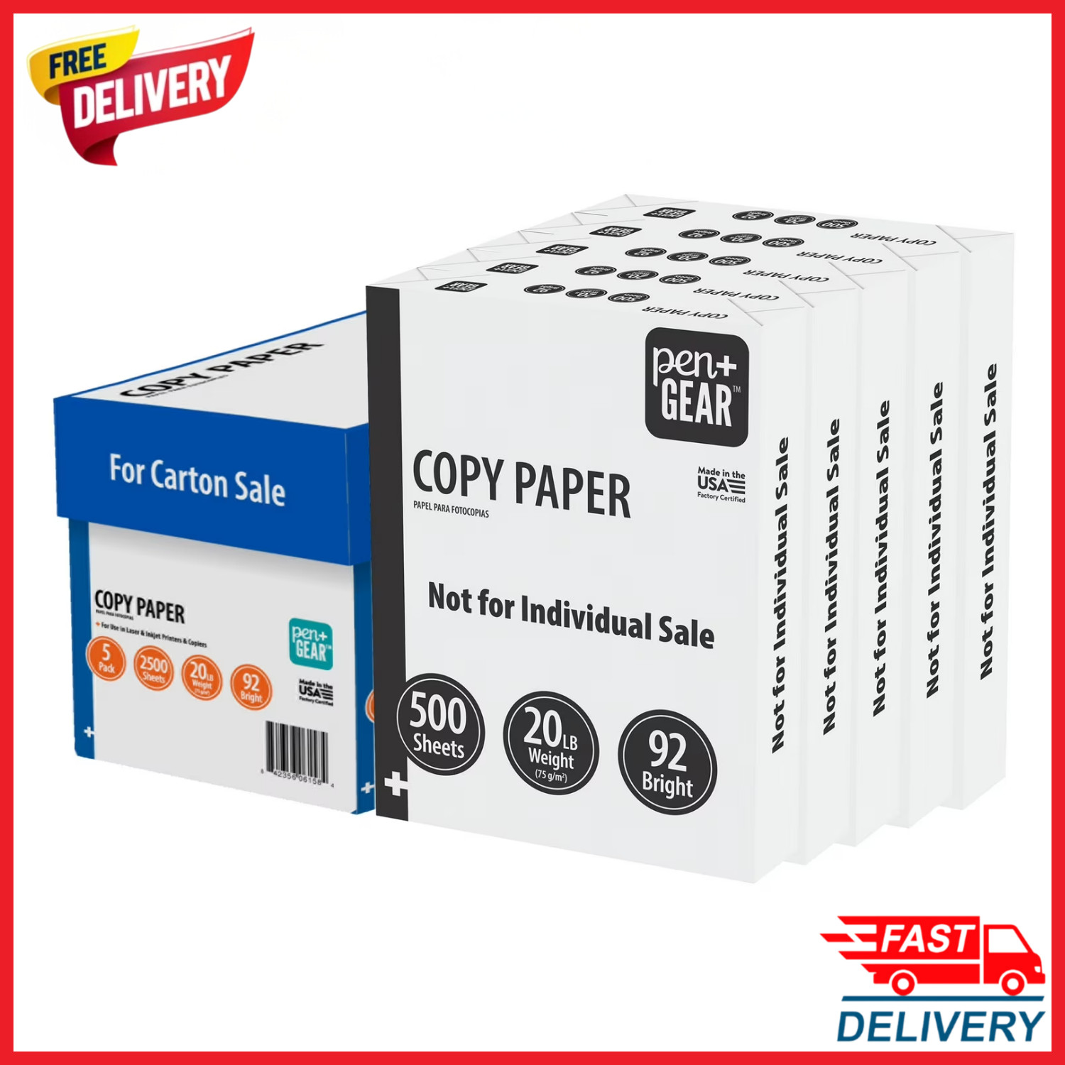 Pen Gear Copy Paper 8.5 x 11 20 lb White 5 Ream Case 2500 Sheets