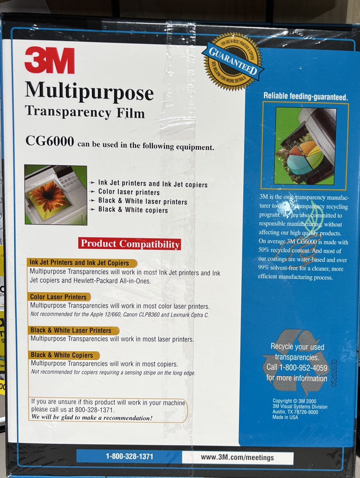 3M Multipurpose Transparency Film Letter Size 8.5″ x 11″ 50 Ct. CG6000 New