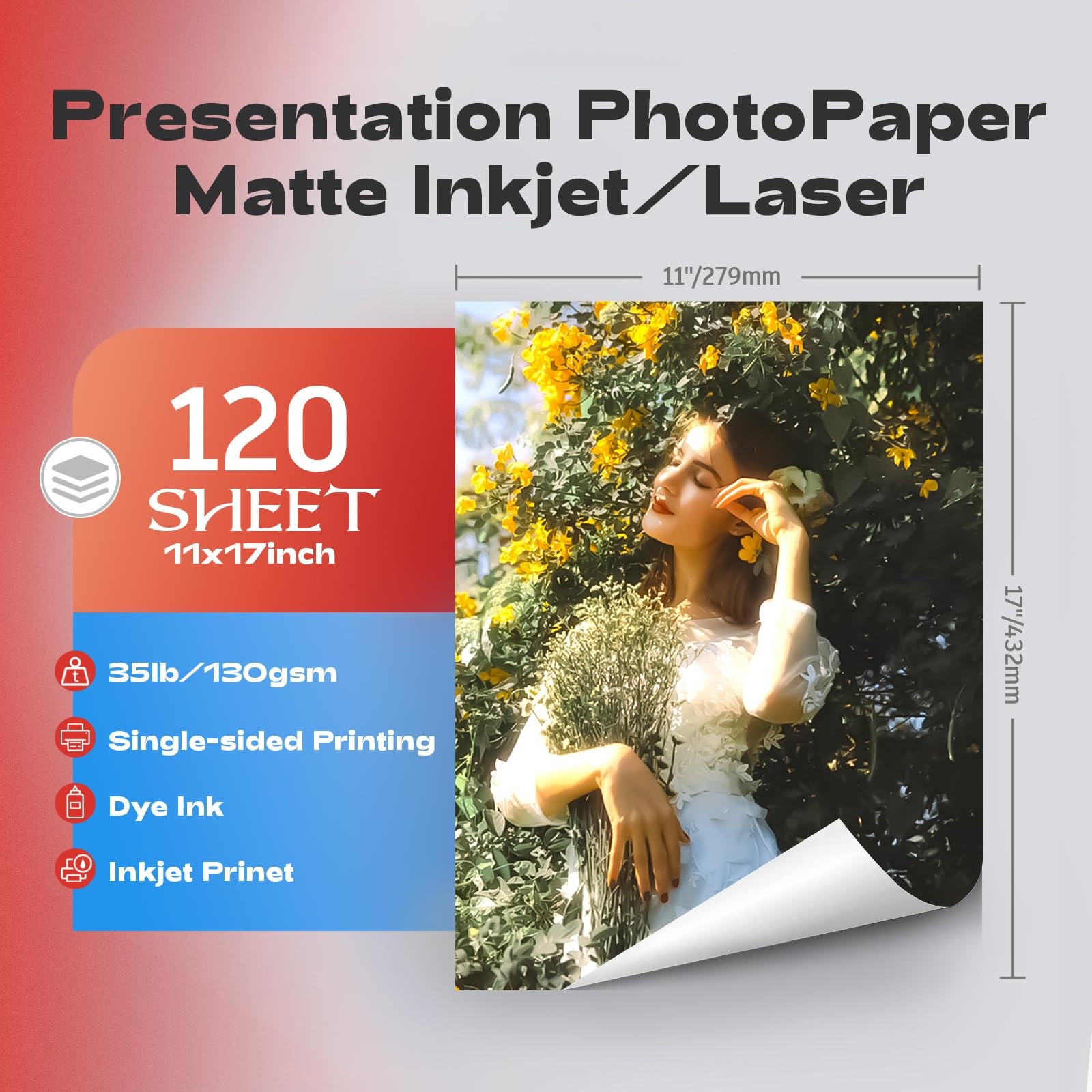 Thin Matte Presentation Photo Paper 11×17 Inch 120 Sheets 35lb 130gsm A3