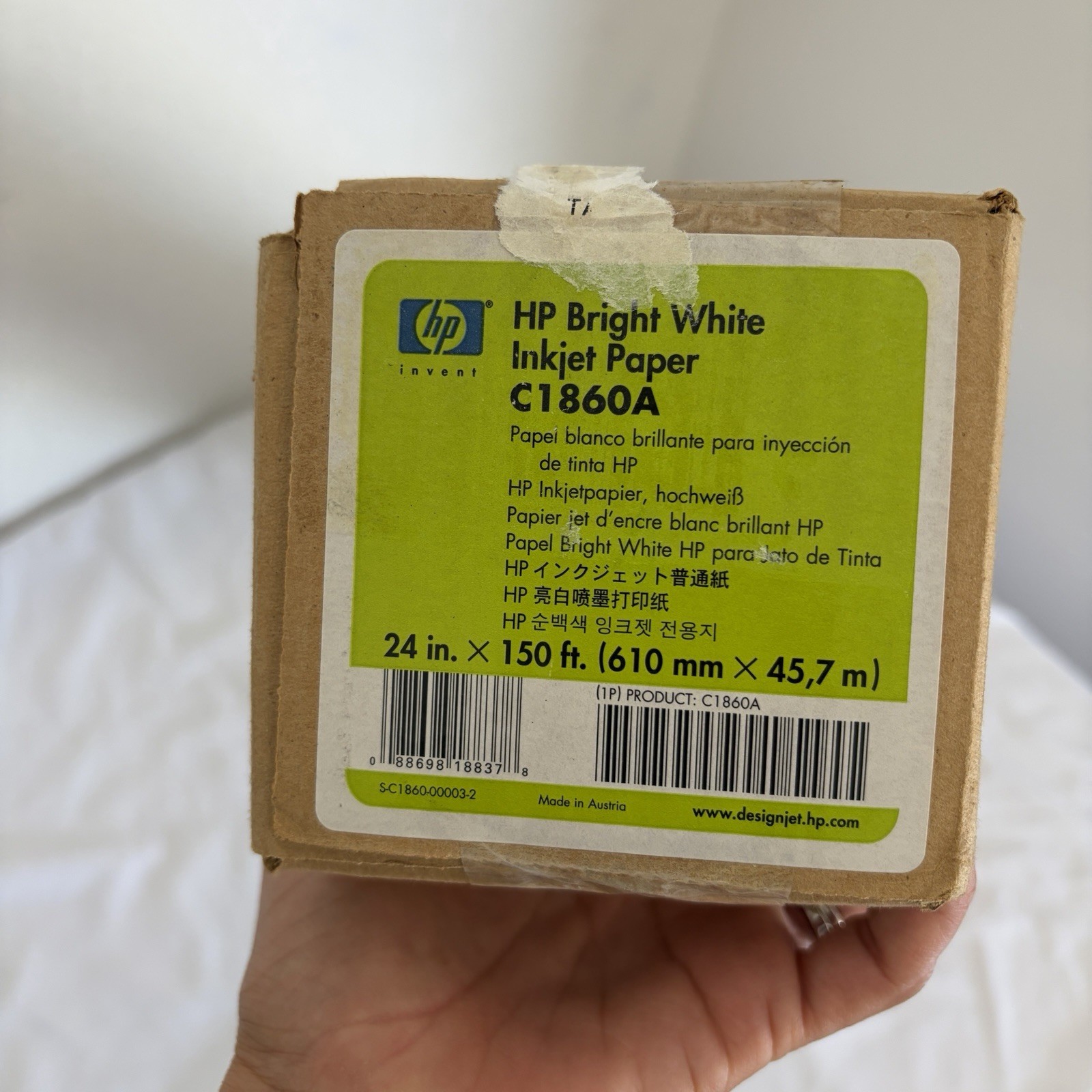 HP Bright White Inkjet Paper C1860A 24in x 150ft made in Austria, office, print