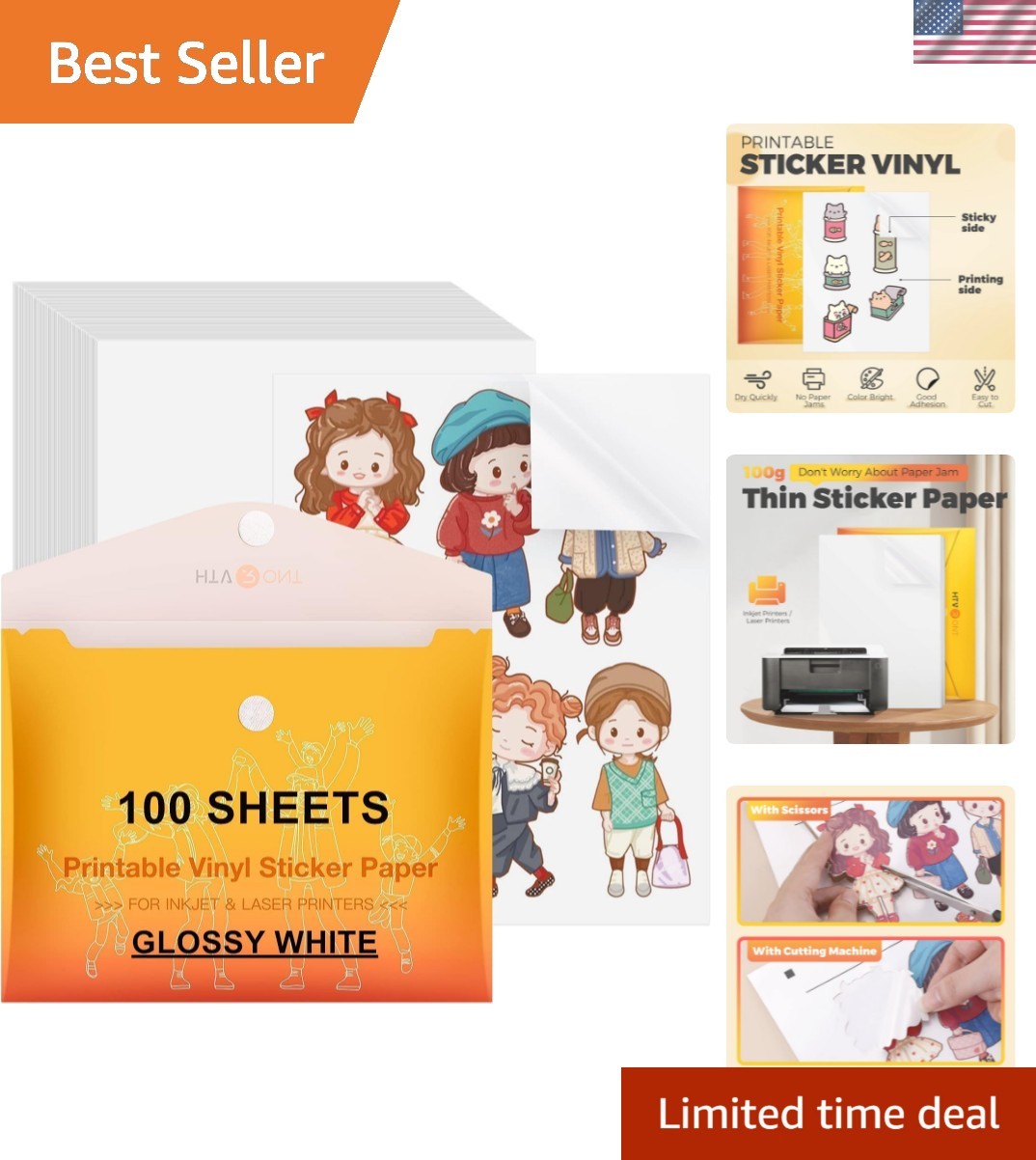 Printable Vinyl Sticker Paper, 100 Sheets Glossy Waterproof Sticker Paper For…