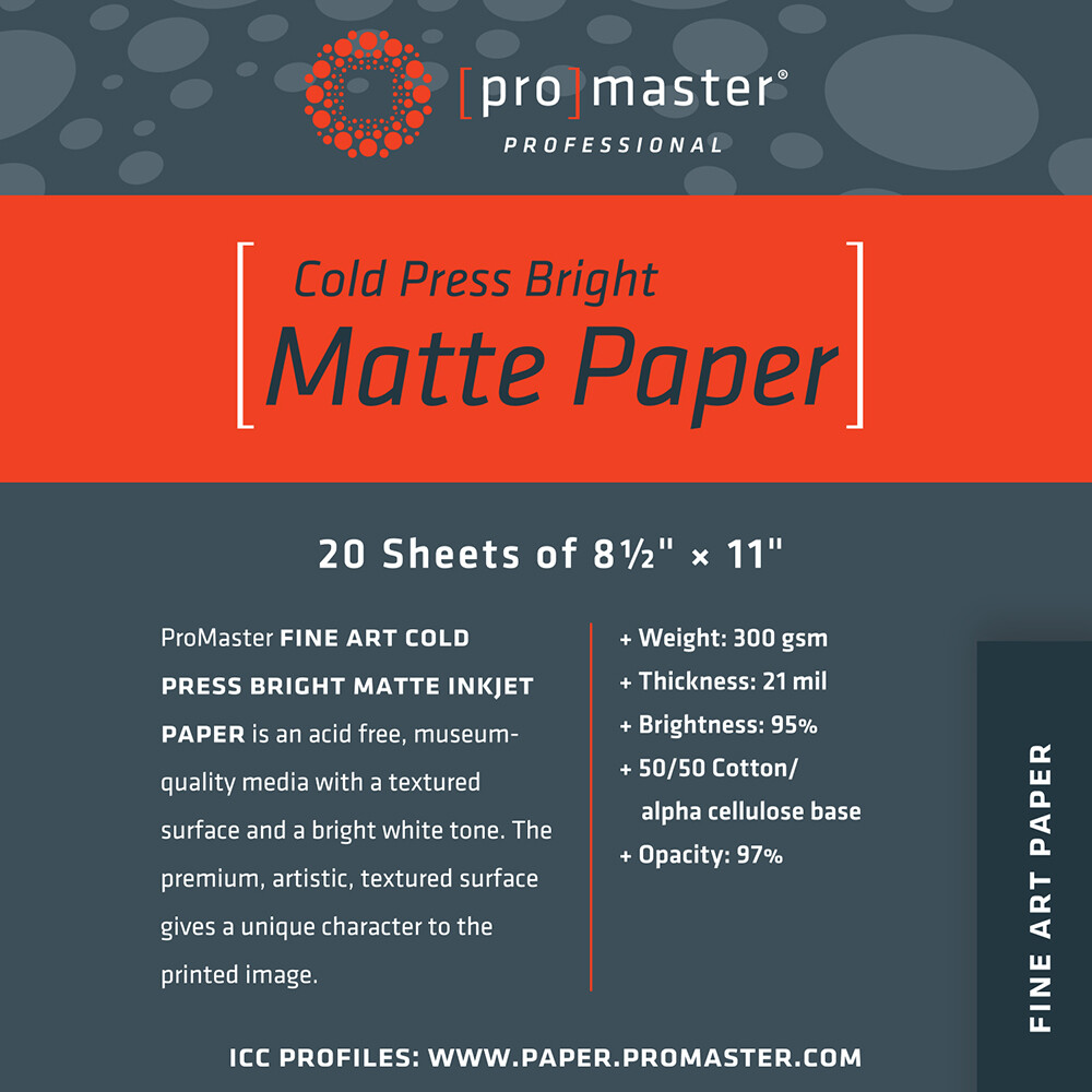 Promaster Fine Art Cold Press Bright Matte Paper 8.5″x11″ – 20 Sheets