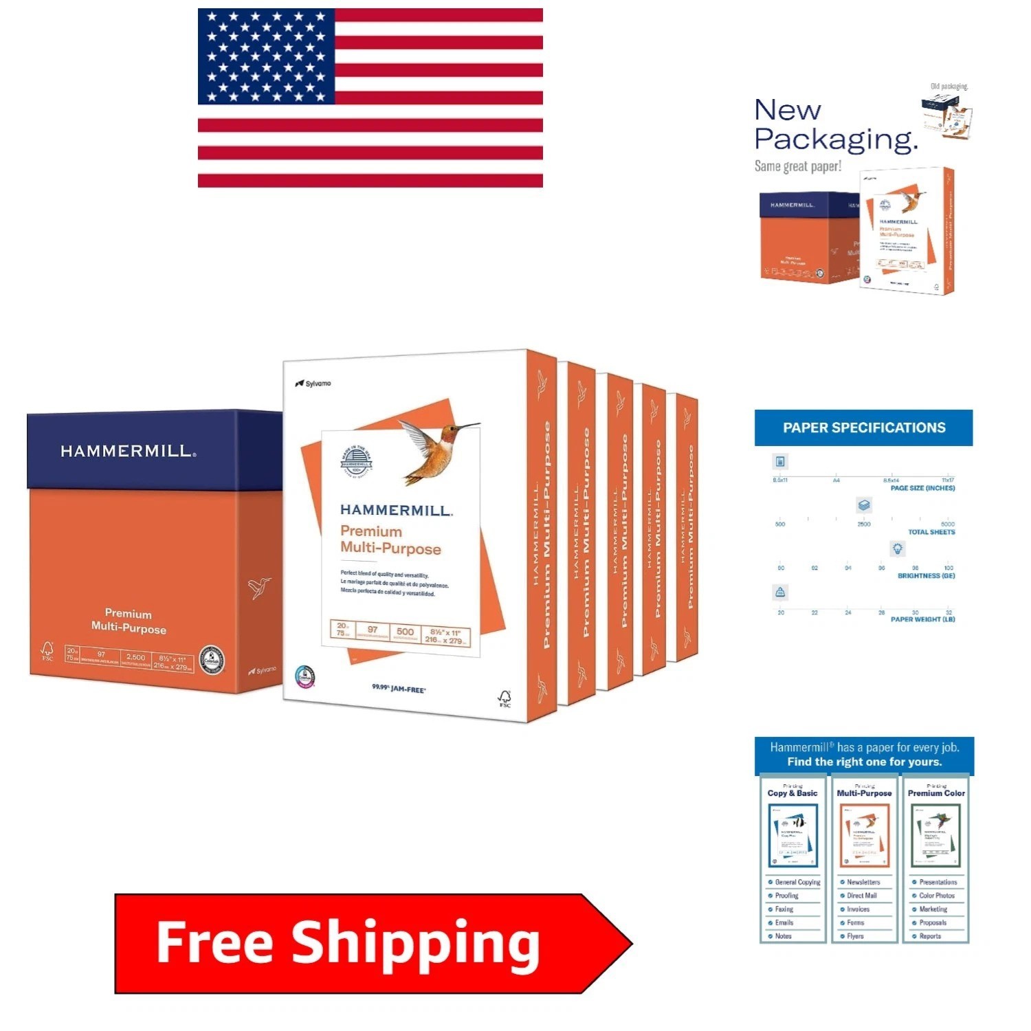 Bright White Copy Paper – 20lb, 2500 Sheets, Acid-Free, USA Made – 5 Ream Pack