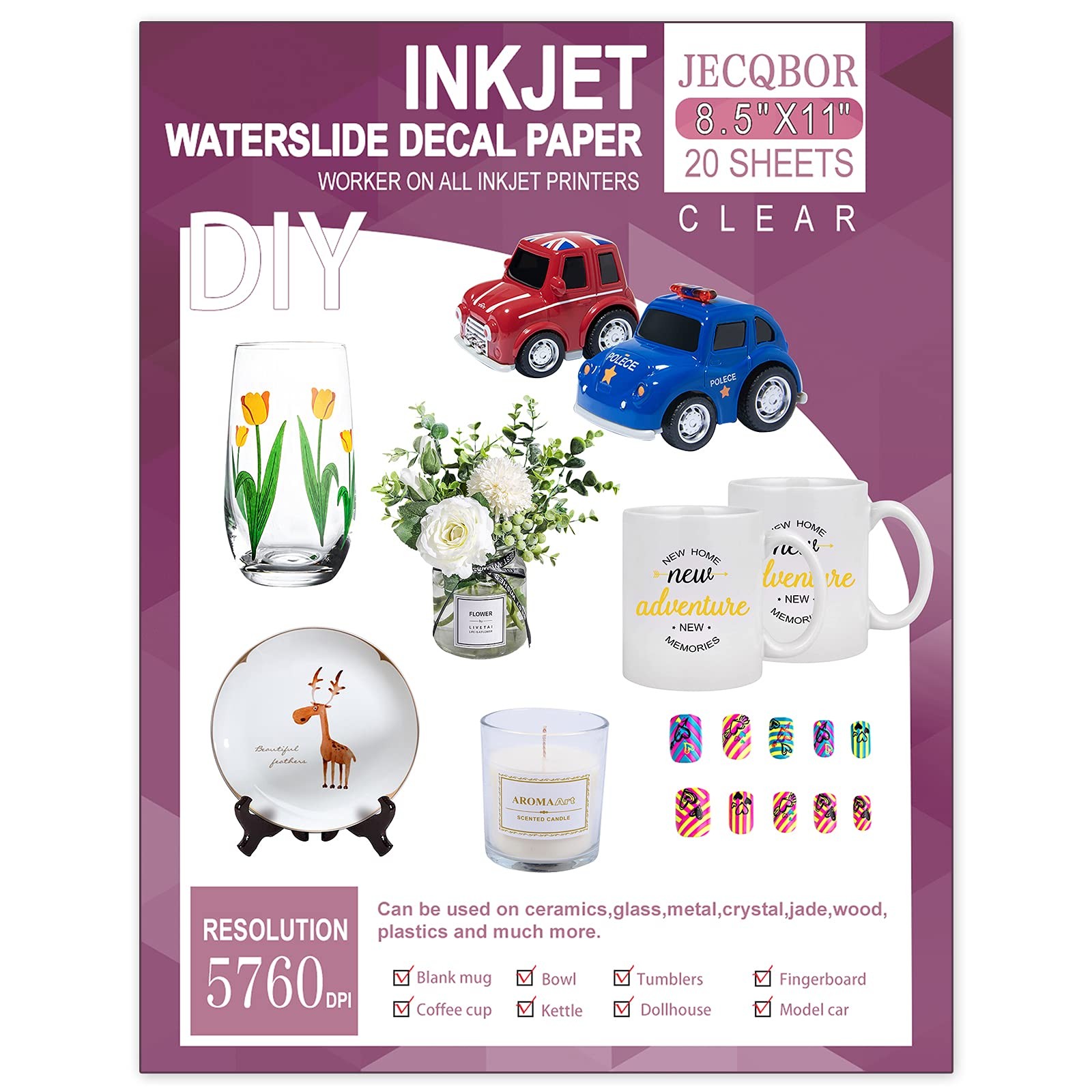 20 Sheets Waterslide Decal INKJET CLEAR,8.5X11 Inch Water Slide Transfer Tran…