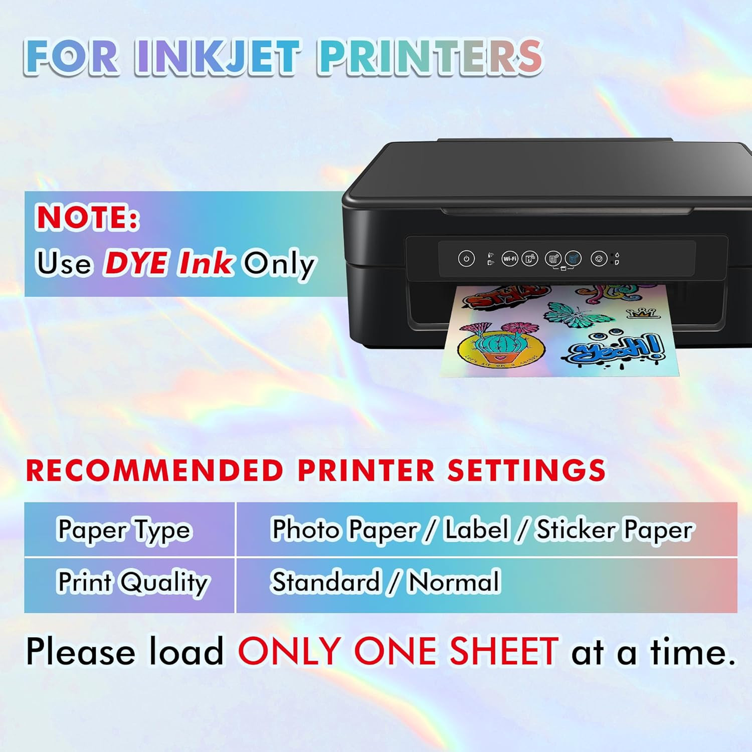Koala Holographic Sticker Paper for Inkjet Printer – 20 Sheets 8.5X11 Inch, Rain