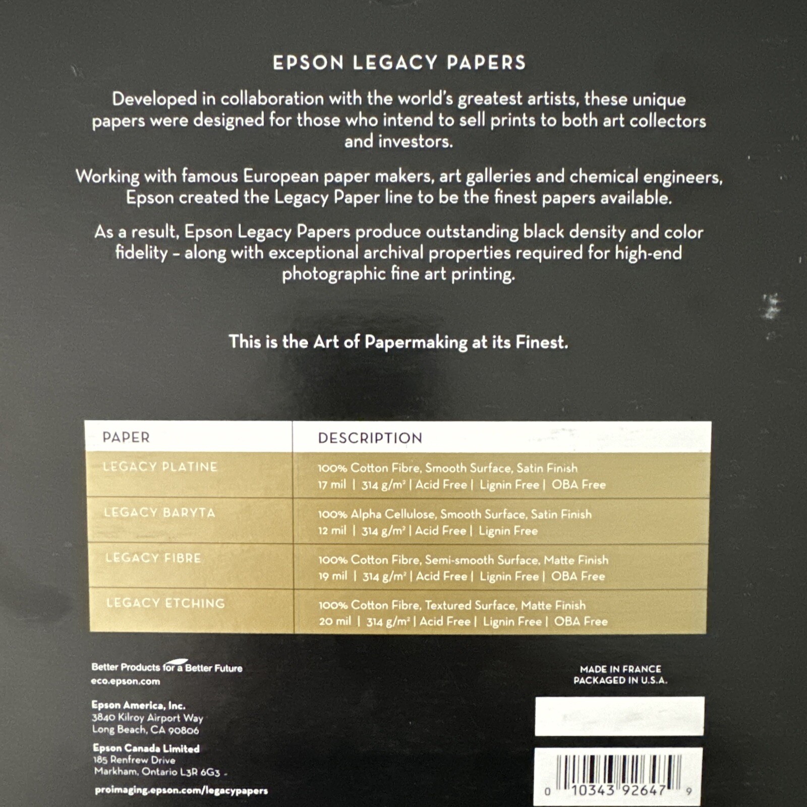 Epson Legacy Sample Papers 8.5 x 11, 12 sheets, Platine, Baryta, Etching, Fibre