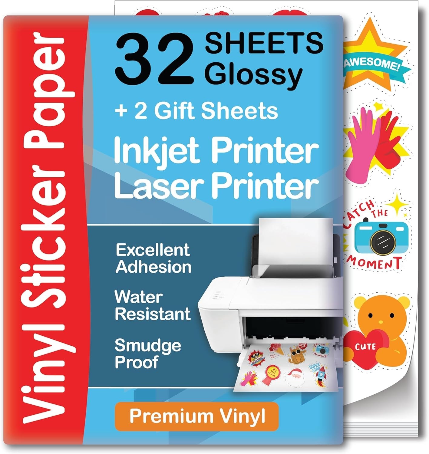 Printable Vinyl Sticker Paper for Inkjet & Laser Printer – 32 Sheets Self-Adh…