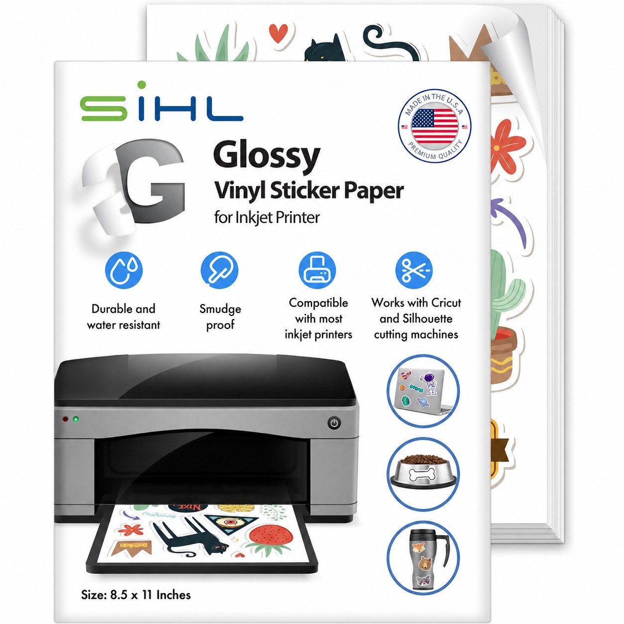 SIHL Premium Printable Glossy Vinyl Sticker Paper for Inkjet 100 Sheets 8.5″x11″