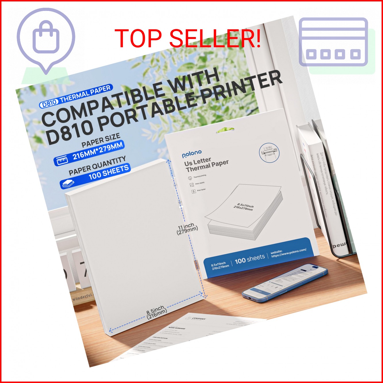 POLONO D810 Thermal Printer Paper 8.5 x 11 Inch, Advanced Thermal Printing, US L