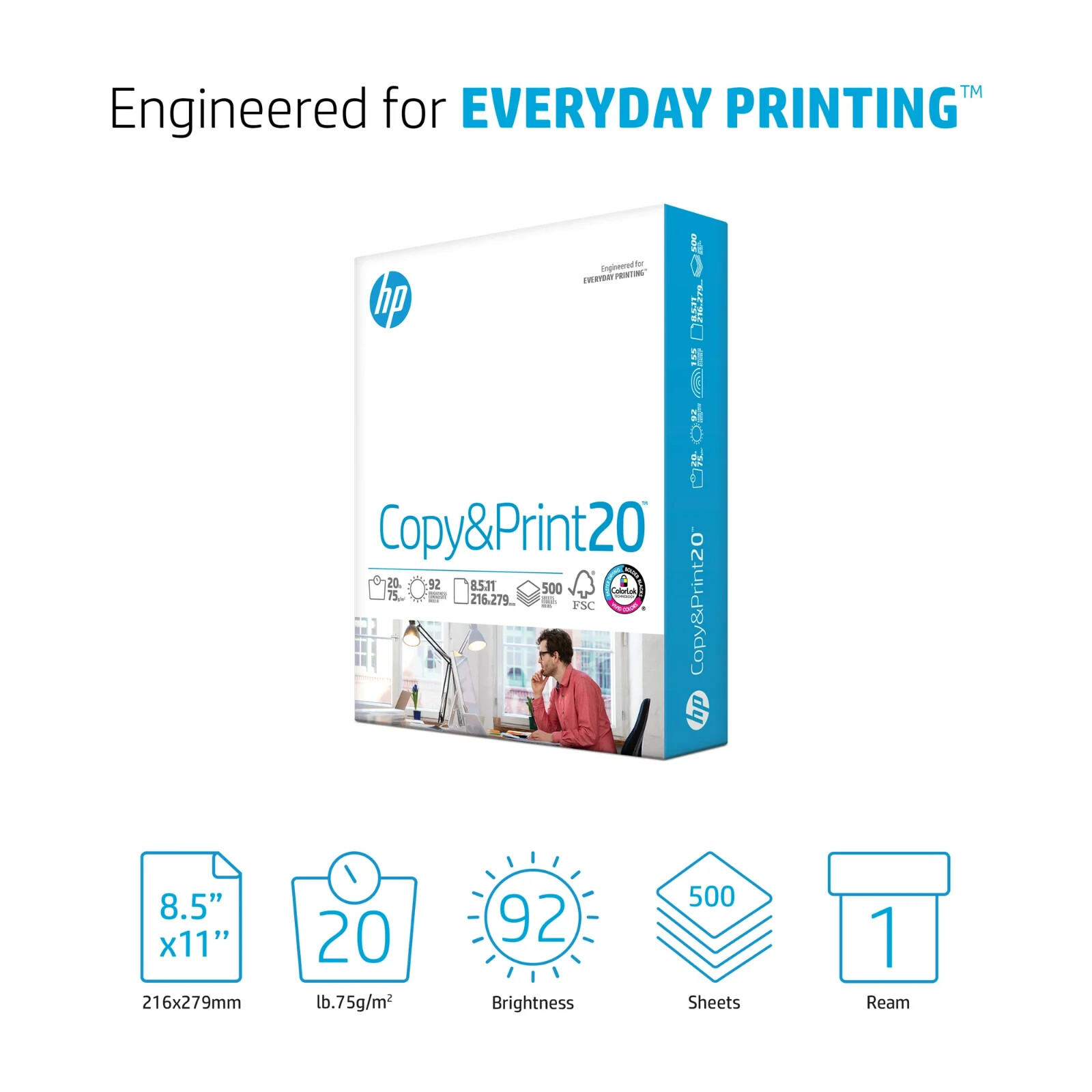 HP Office20 Printer Paper, White Letter Size 8.5″ x 11″, One Ream / 500 Sheets
