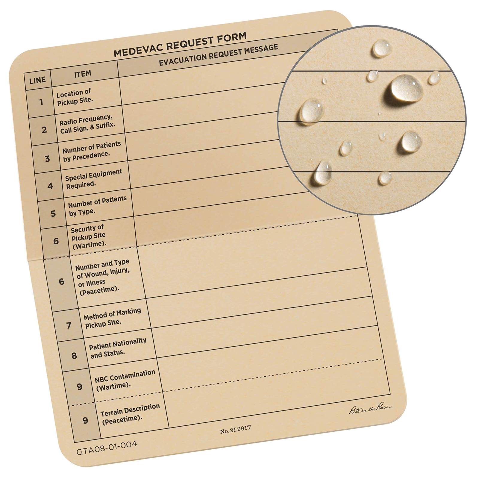 Rite in the Rain All-Weather Combat Card, 9-Line MEDEVAC, 6″ x 5″, 50