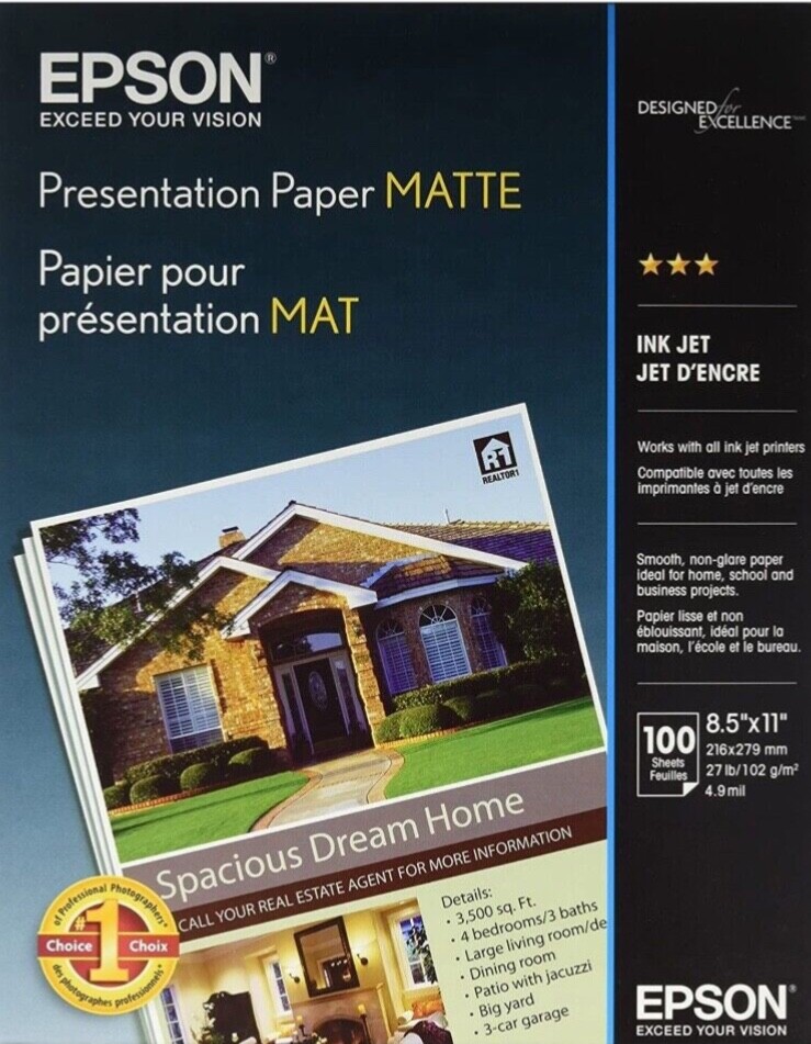 Pack of 100 Sheets Epson Presentation Matte Inkjet Paper – 8.5″ x 11″ Sealed