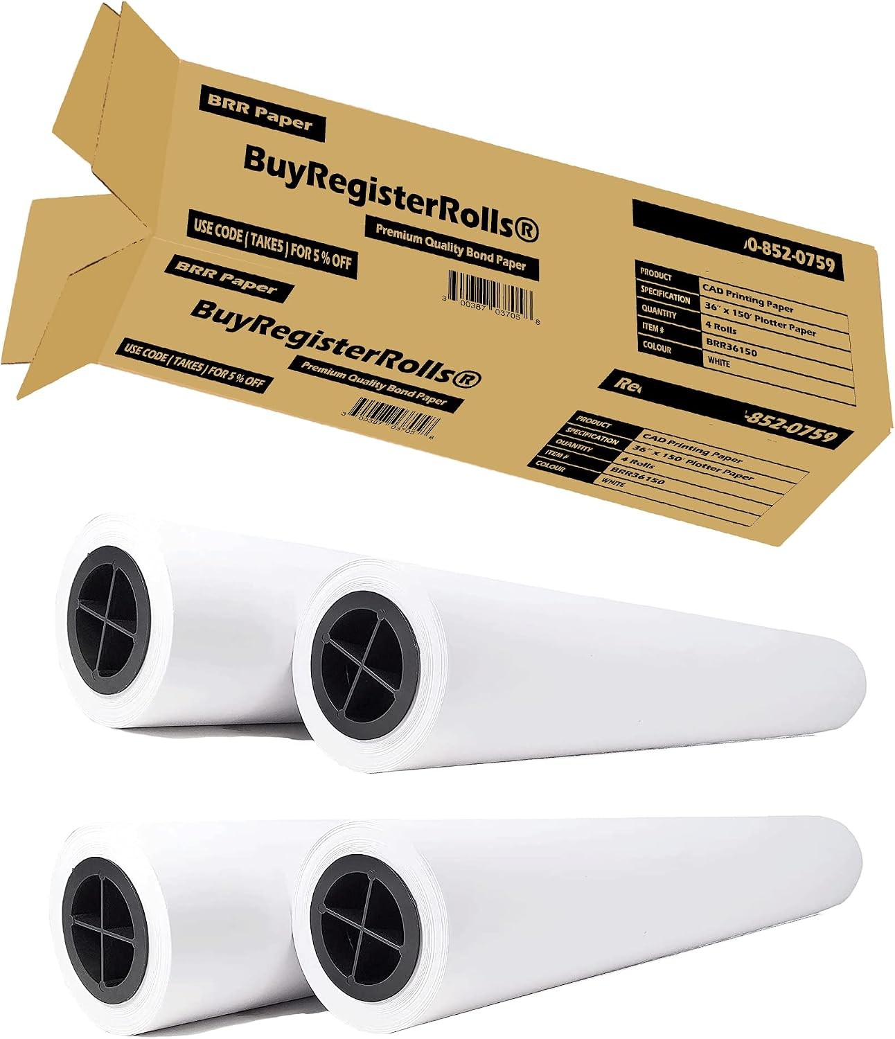 36 x 150 Plotter Paper New & Premium 4 Rolls 20 lb Uncoated 96 Bright White 75
