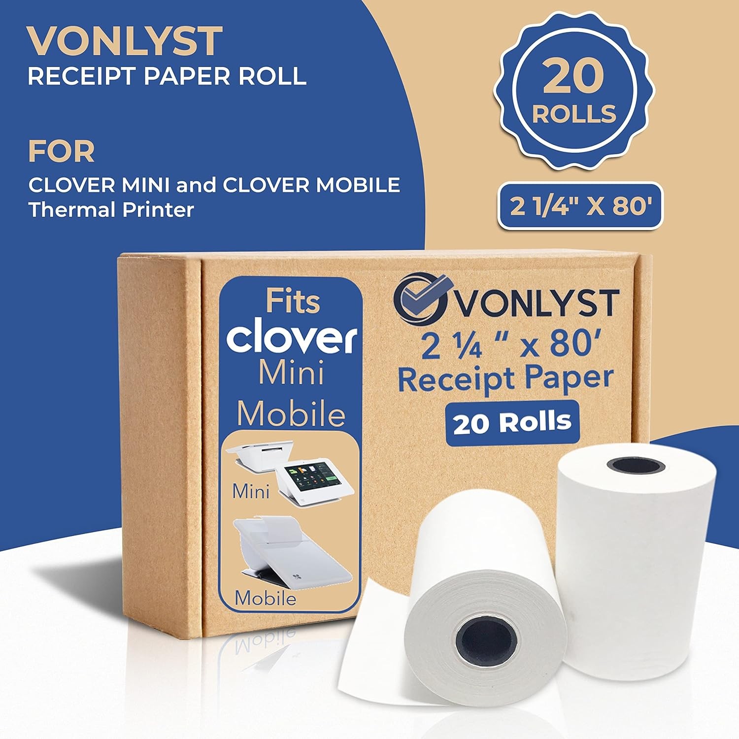 Receipt Paper for Clover Mini and Mobile Thermal 20 rolls, White