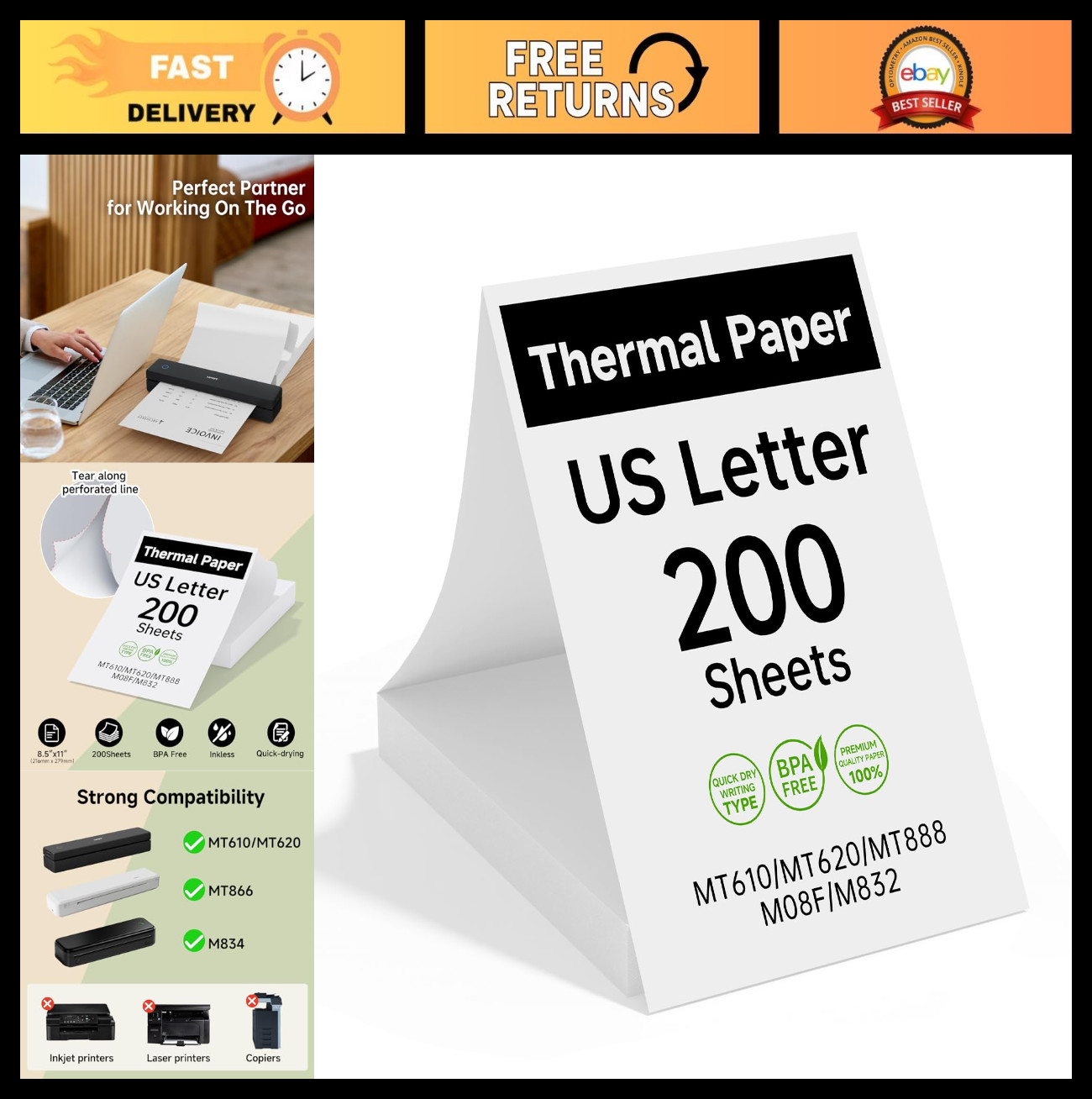 200 Sheets Thermal Printer Paper 8.5×11″ BPA-Free for Home & Business Use